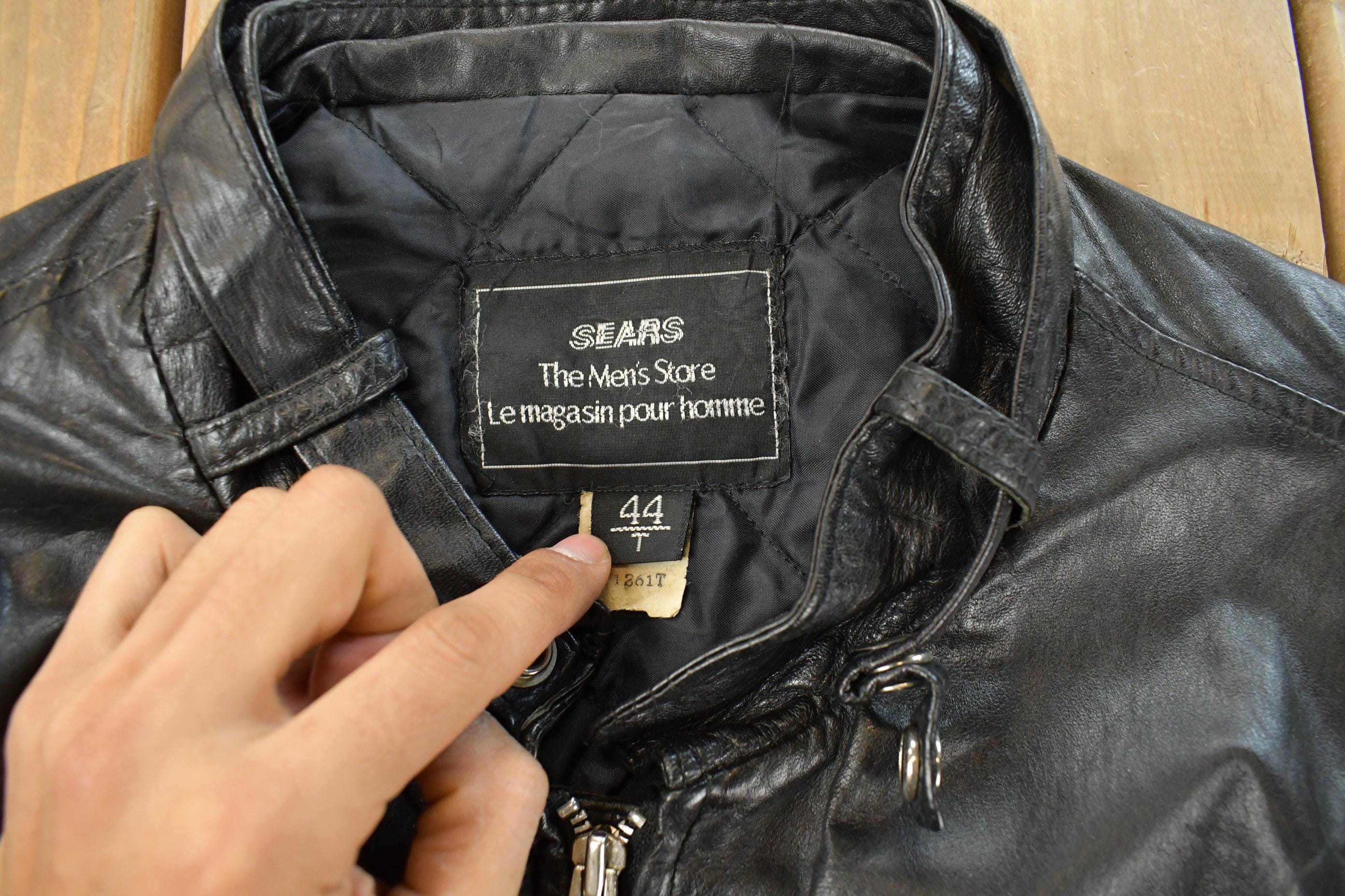 Vintage 1980s Sears Leather Moto Cafe Racer Biker Jacket Men's Large