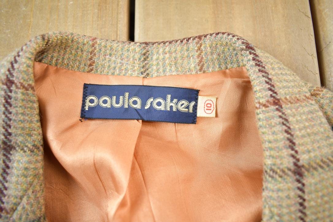 Vintage 1980s Paula Sakes Plaid Wool Silk Lined Blazer