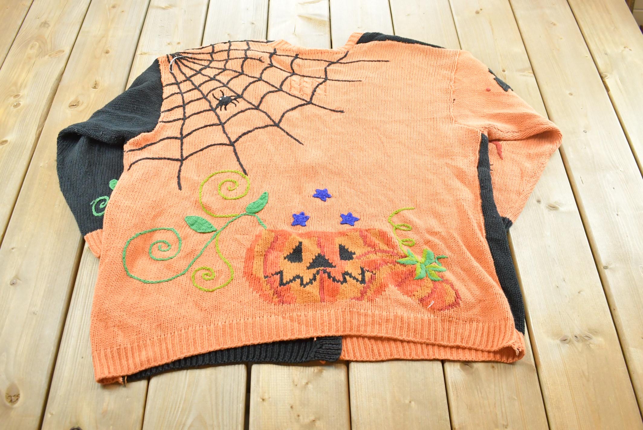 Vintage 1990s Marisa Christina Halloween AOP Heavy Knit Cardigan Sweater Women's XXL / Knitted by Hand / Pumpkin Witch Ghost Spooky