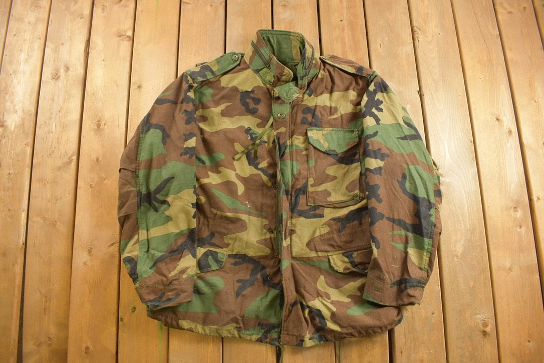 Vintage 1982s Military Woodland Camouflage Cold Weather Field Jacket