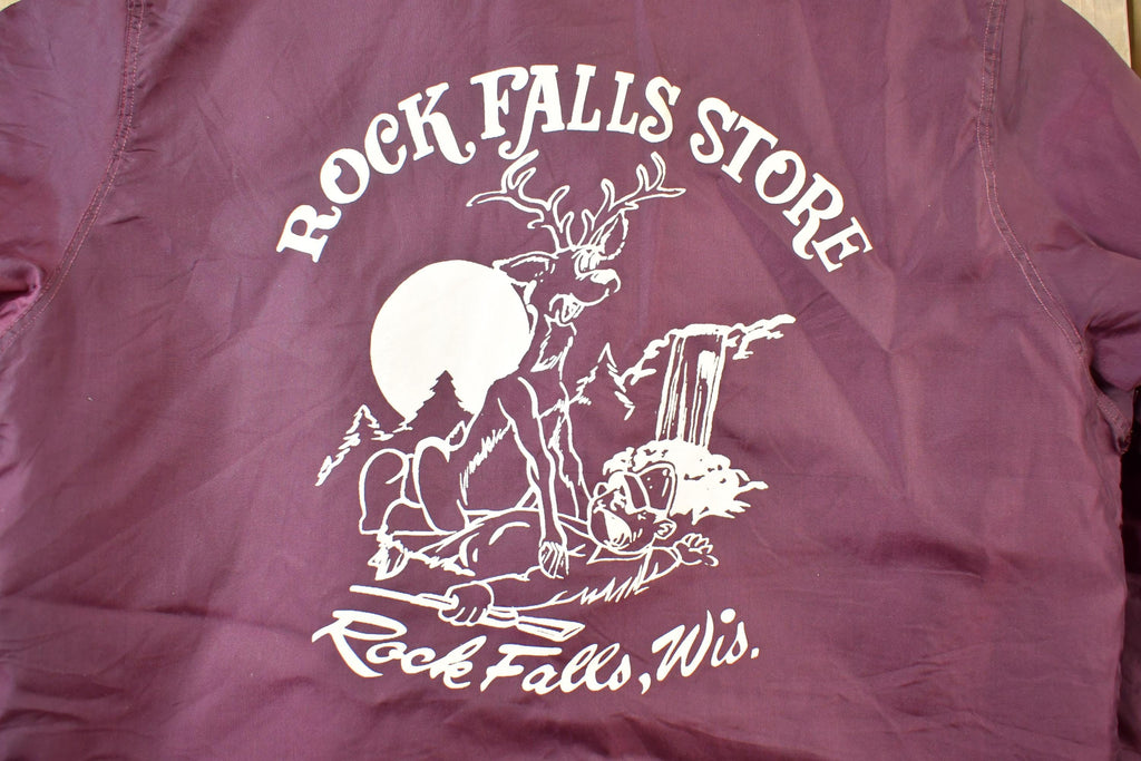 Vintage 1990s Rock Falls Store Wisconsin Graphic Print Snap Button Satin Jacket Made In USA