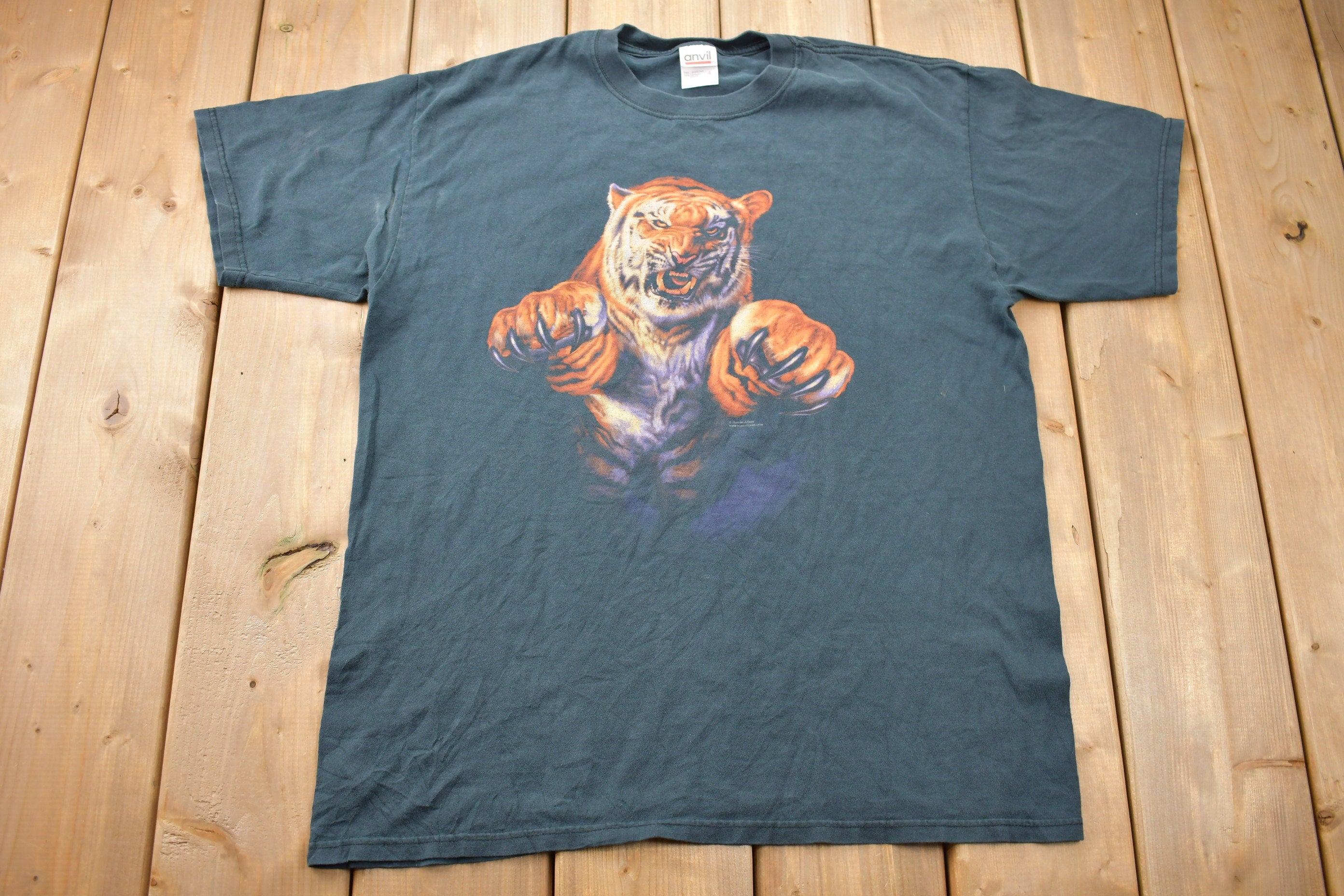 Vintage 1990s Tiger Jumping Double Sided Graphic T Shirt