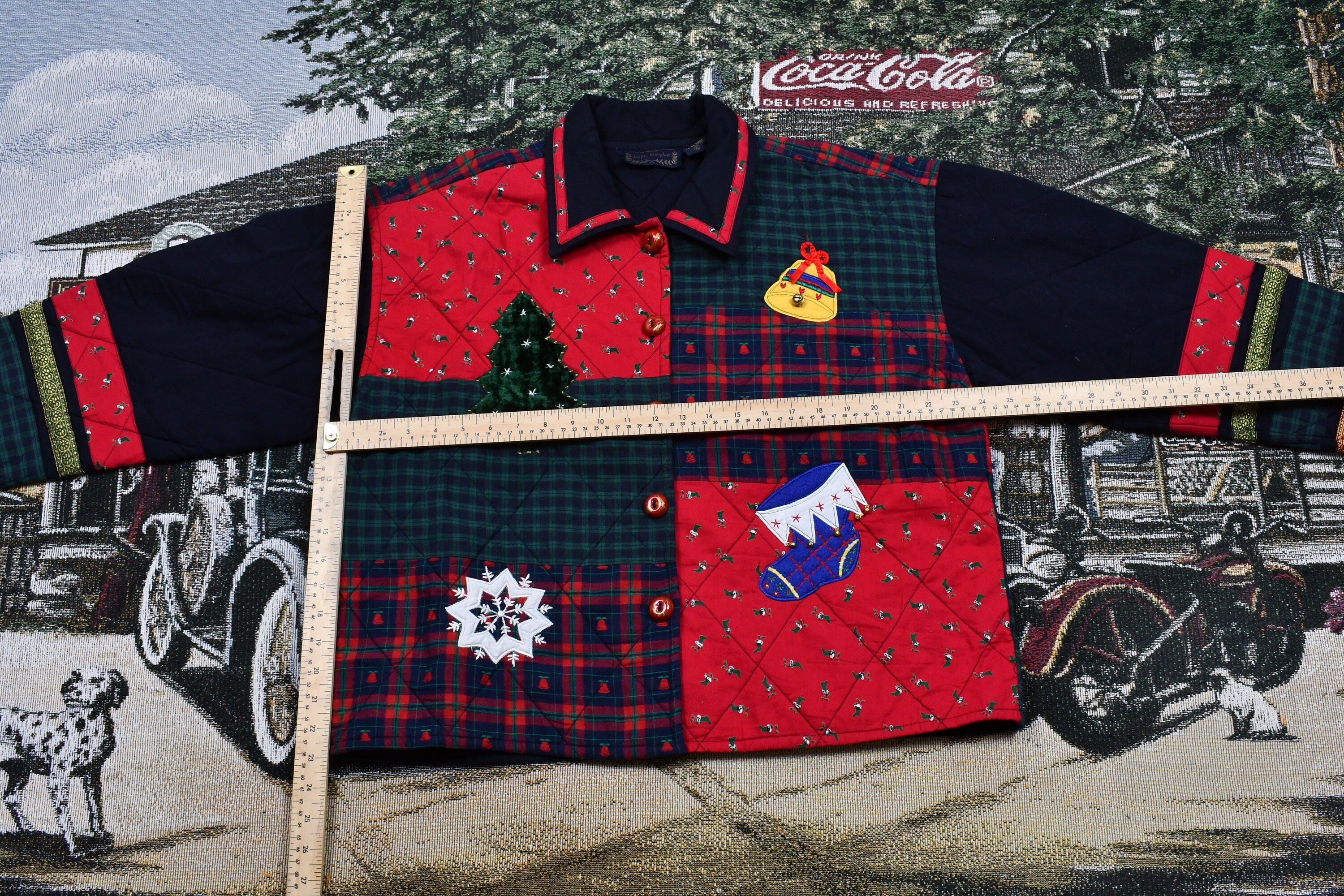 Vintage 1990s Christmas Graphic Patchwork Color Block Quilted Button Up Sweater , Embroidered Patchwork , Cut And Sew , Winter , Festive
