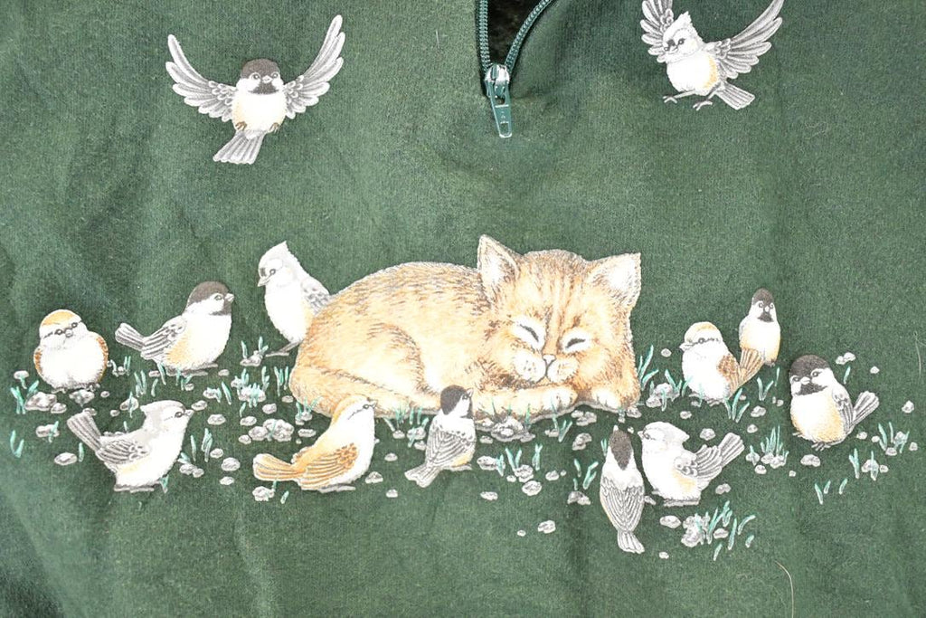 Vintage 1990s Morning Sun Sleeping Kitty Cat Quarter Zip Collared Crewneck Sweatshirt Women's L
