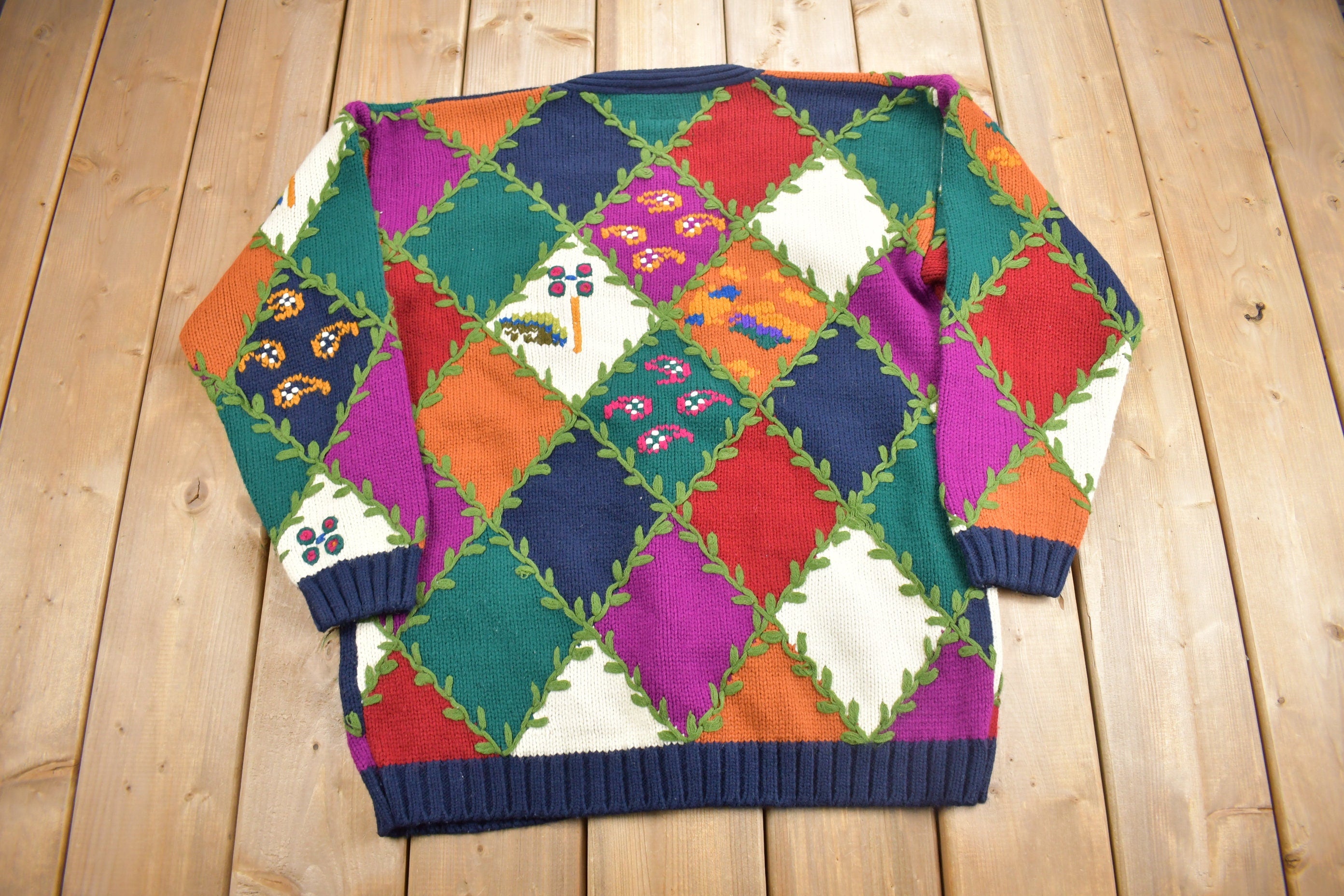 Vintage 1990s IVY Argyle Patchwork Knit Cardigan Sweater Ivy Themed
