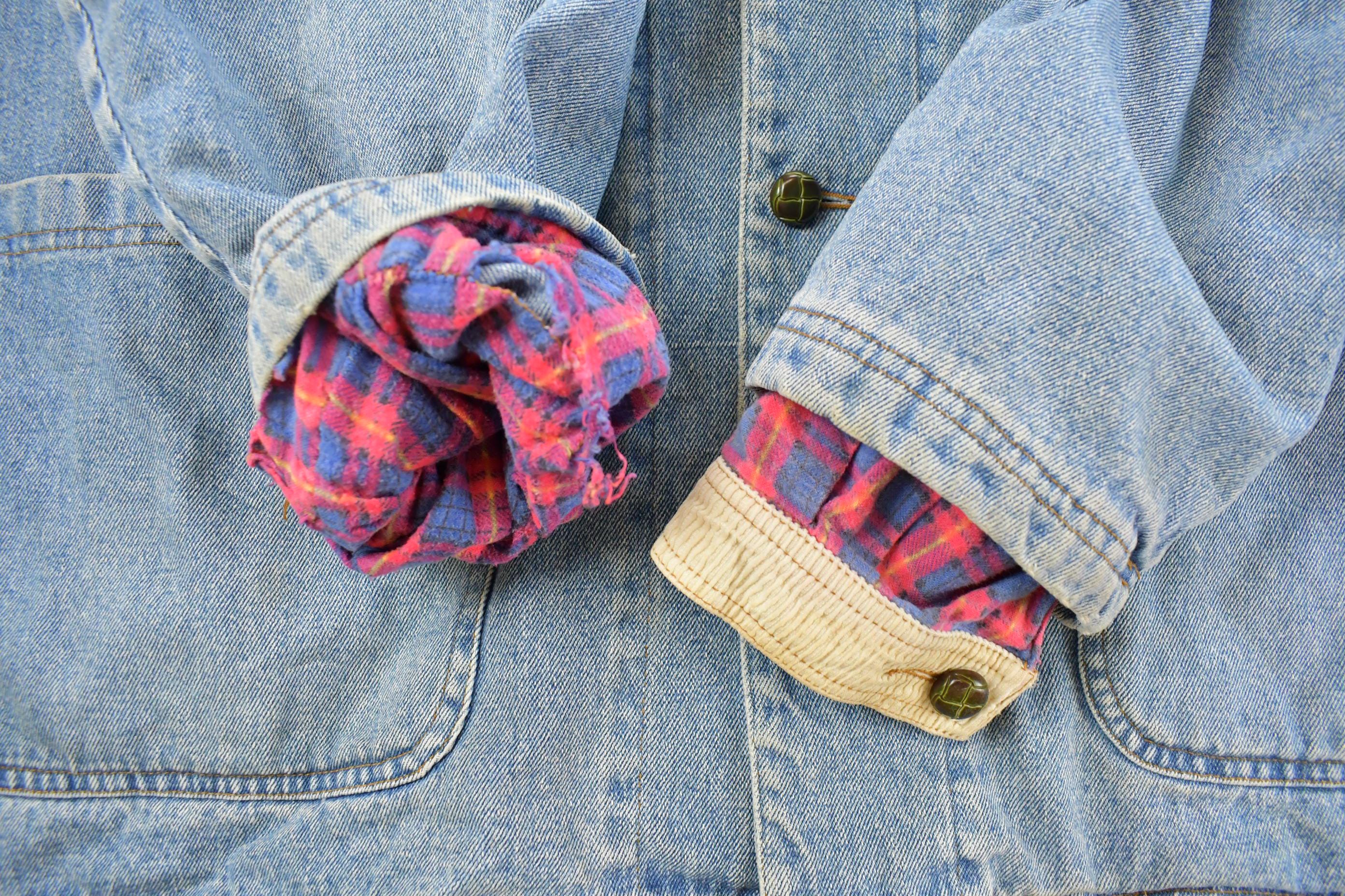 Vintage 1990s Cotton Ginny Plaid Lined Denim Jean Chore Coat Women's XL