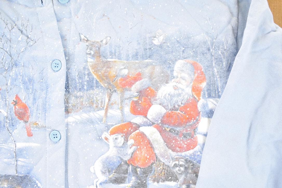 Vintage 1990s Artisans AOP Christmas Button Up Double Collar Crewneck Sweatshirt Men's M / Made In USA / 90s Xmas Crewneck