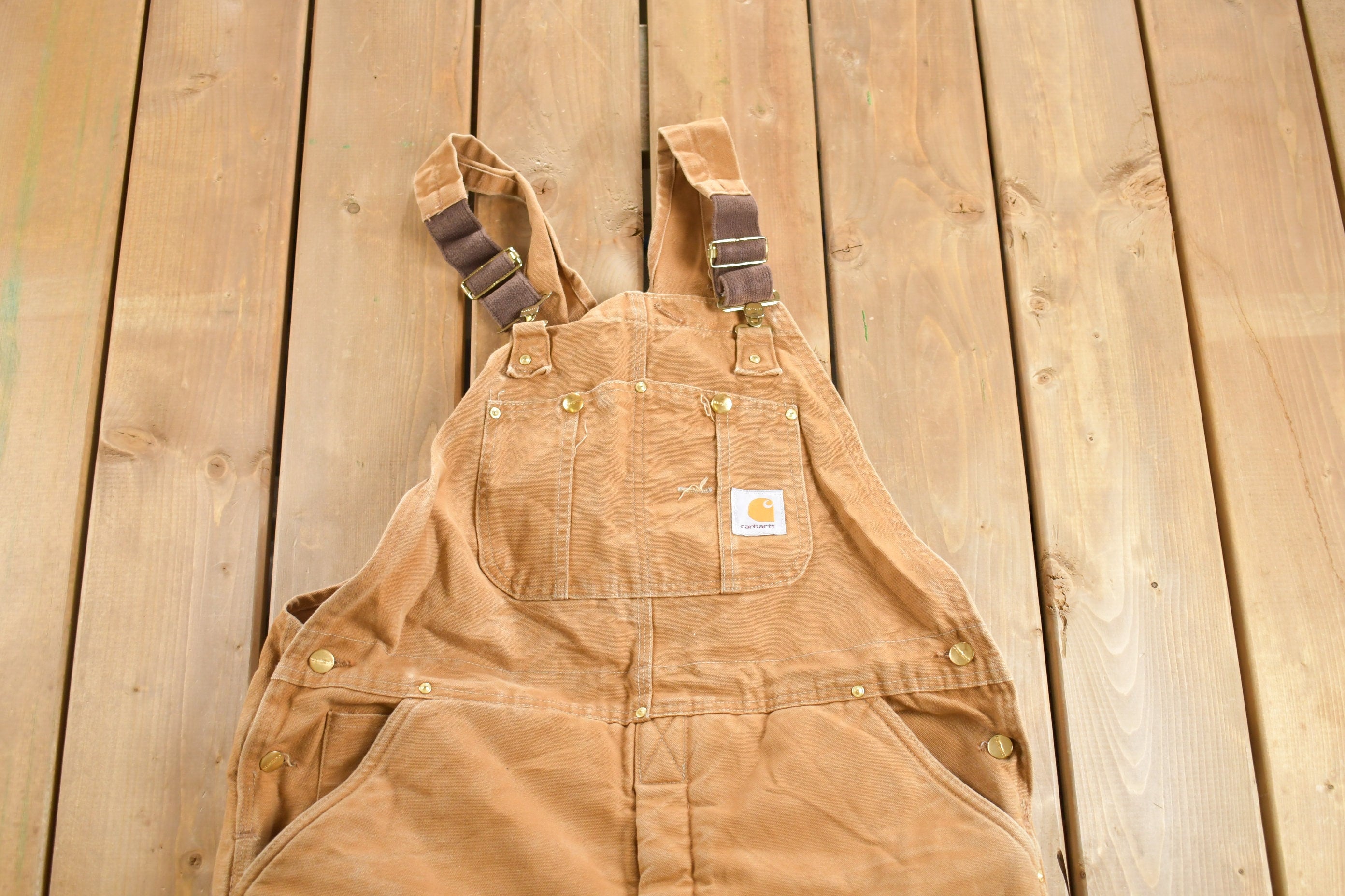 Vintage 1990s Carhartt Beige Double Knee Canvas Quilted Overalls Size 38 x 30.5