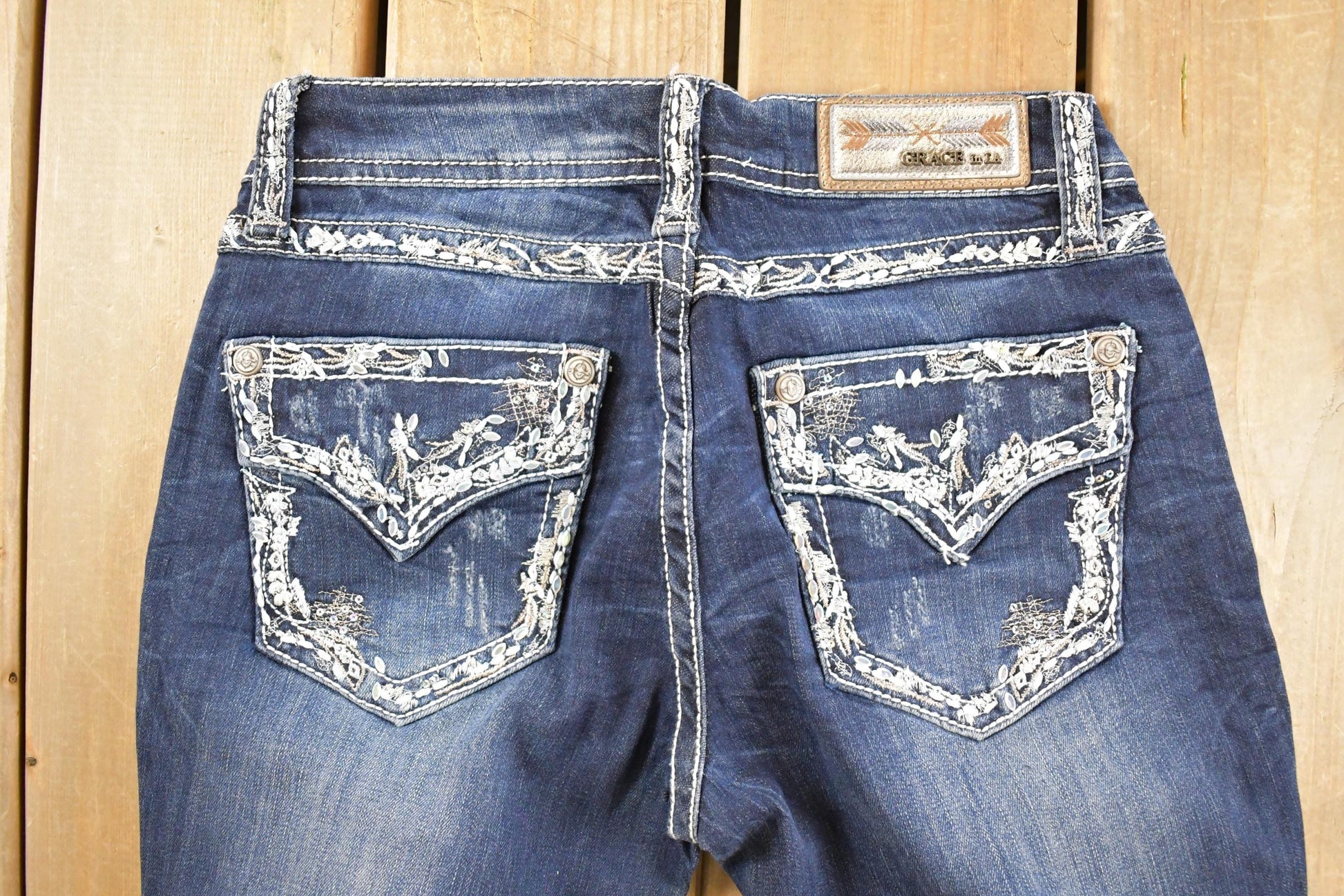 Vintage Deadstock Y2K Grace In LA Bedazzled Low Rise Jeans Women's Size 27 x 32