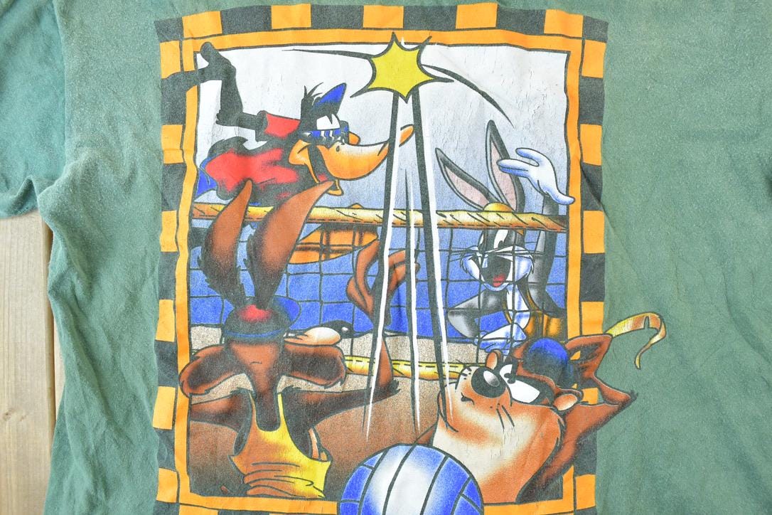 Vintage 1996 Warner Brothers Volleyball Taz Daffy Novel Teez Cartoon Promo T-Shirt