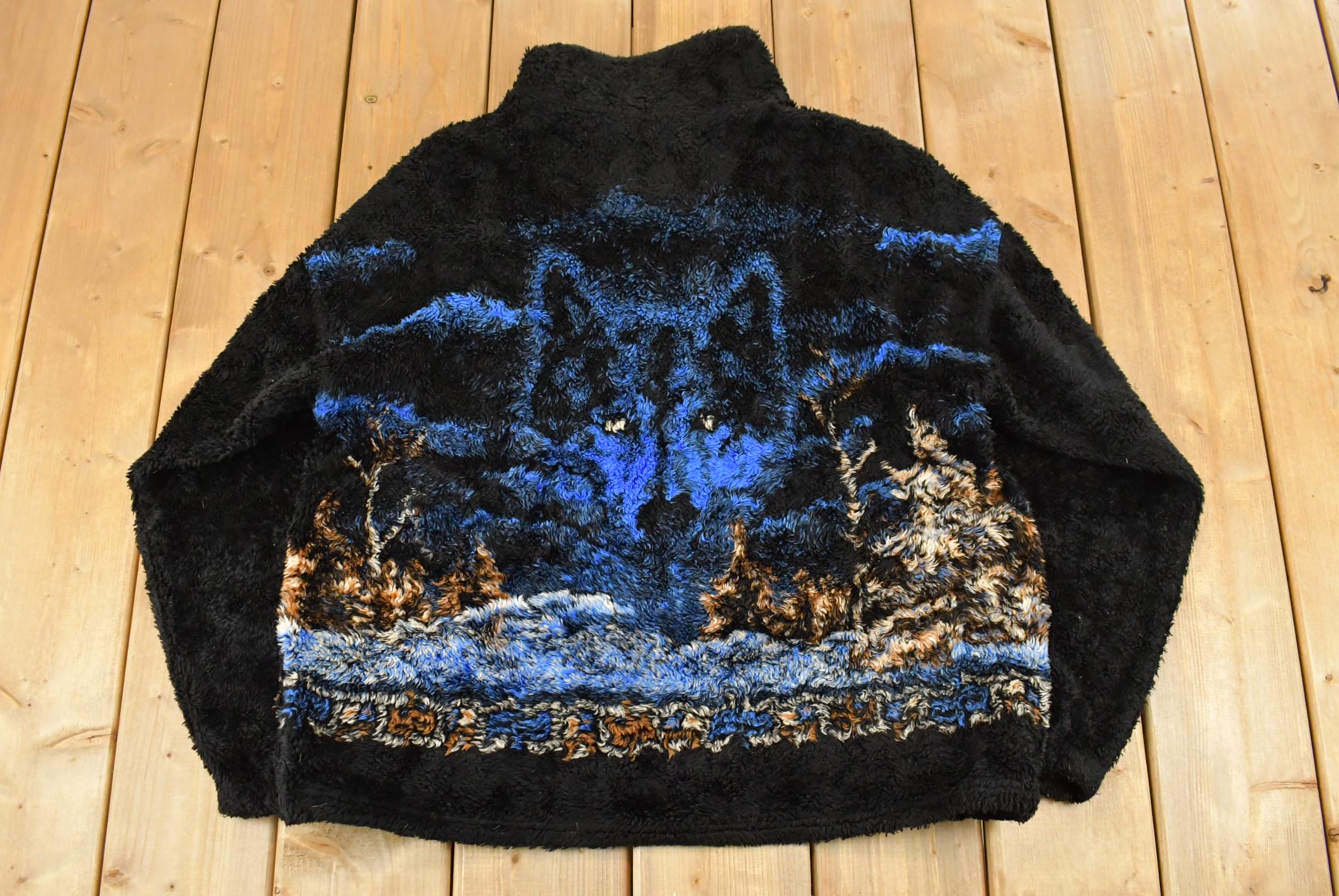 Vintage 1990s Bear Ridge Winter Wolf Theme Full Zip Fleece Sweater Jacket Men's XL
