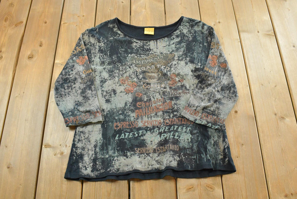 Vintage Y2K Mona Lisa Coffee Rhinestone AOP Long Sleeve T-Shirt Womens XL / 00s Souvenir Tee / 2000s Shirt / Streetwear / Made in USA