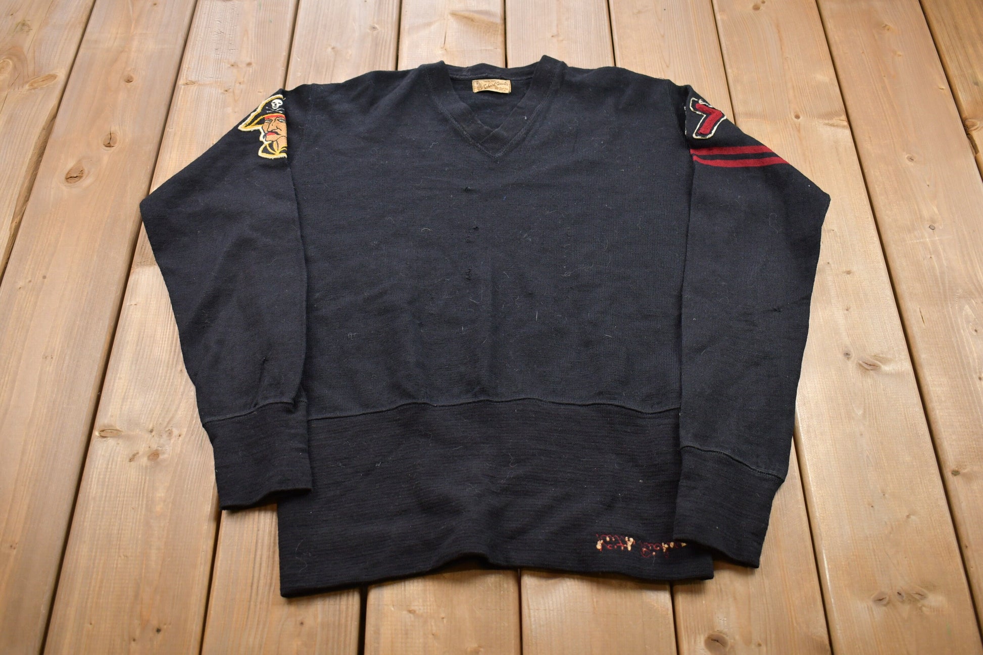 Vintage 1957 School Sweater Pirate Graphic Knitted V-neck Sweater