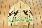 Vintage 1970s Hand-Knit Duck Birds Theme Wool Cowichan Sweater Men's Medium