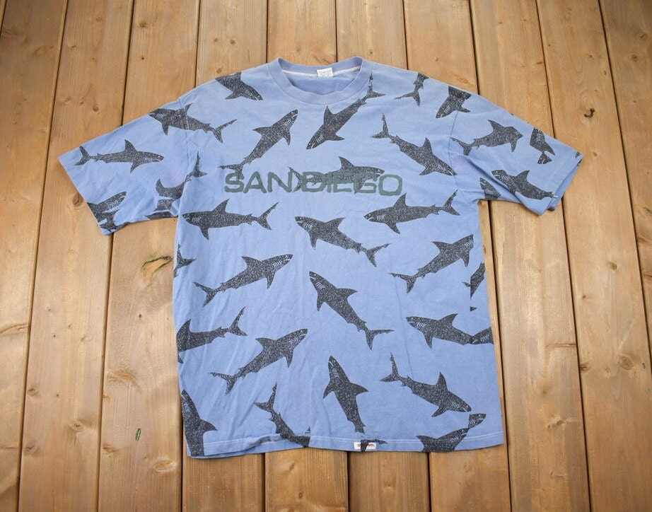 Vintage 1990s San Diego Shark All Over Print Souvenir T Shirt Streetwear Made In USA