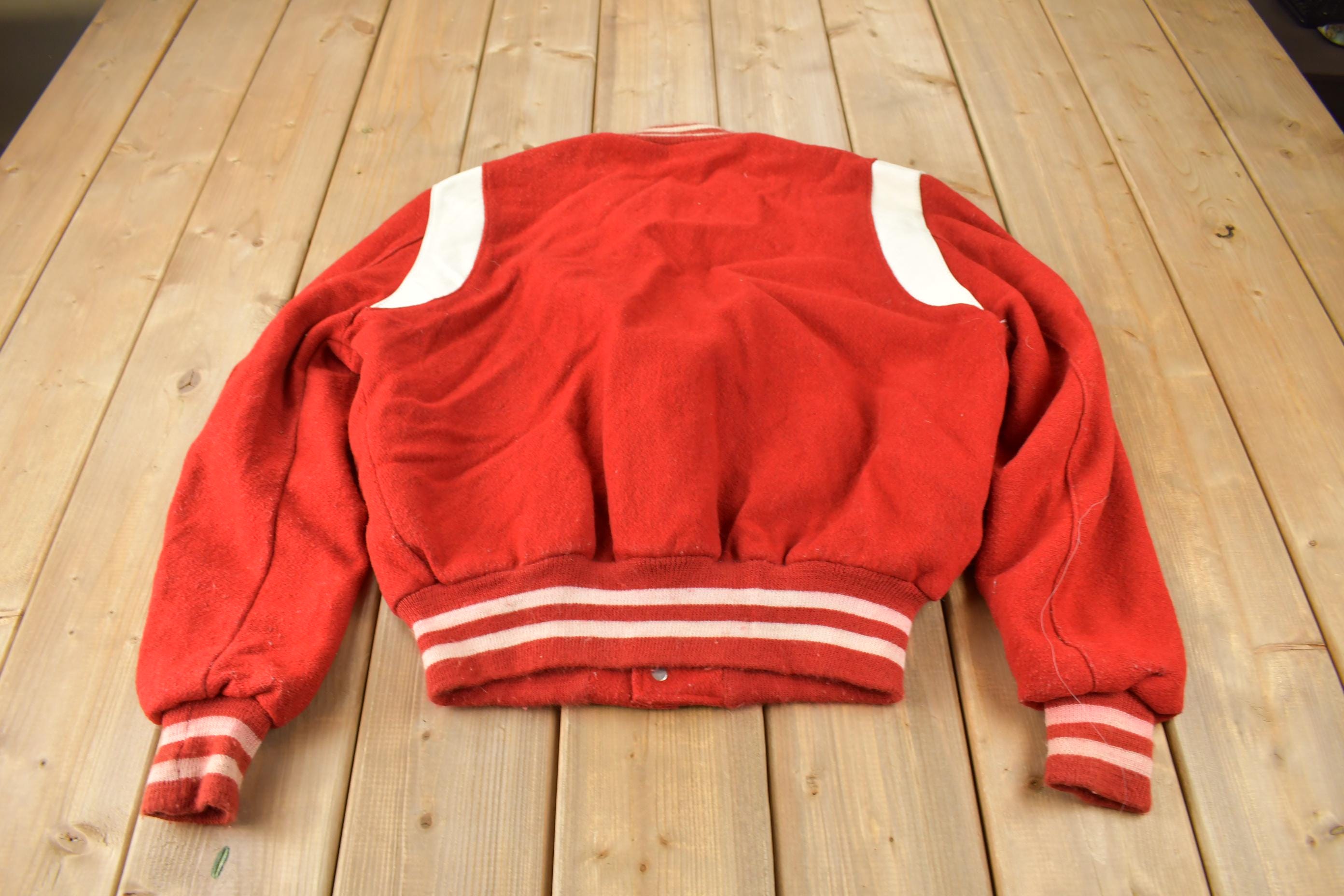 Vintage 1970s Leather & Wool Blank Varsity Jacket Made In USA