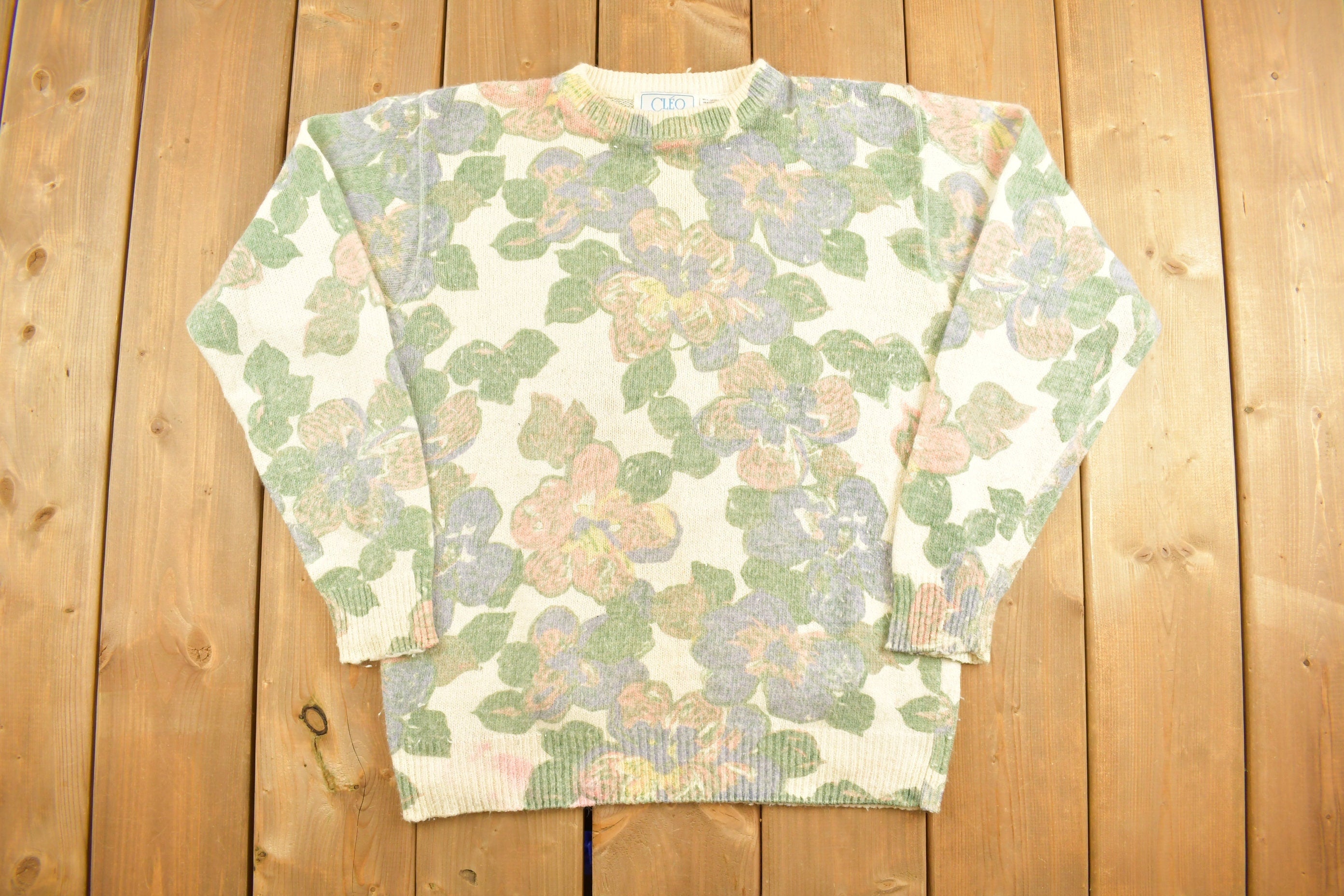 Vintage 1990s Cleo Floral Knit Crewneck Sweater