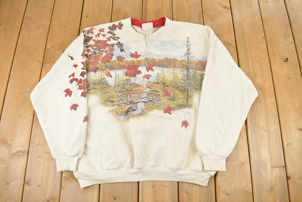 Vintage 1990s Art Unlimited Autumn Leaves All Over Print Landscape Henley Sweatshirt Men's XL