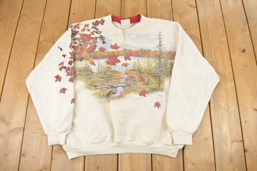 Vintage 1990s Art Unlimited Autumn Leaves All Over Print Landscape Henley Sweatshirt Men's XL / Grandma Sweater