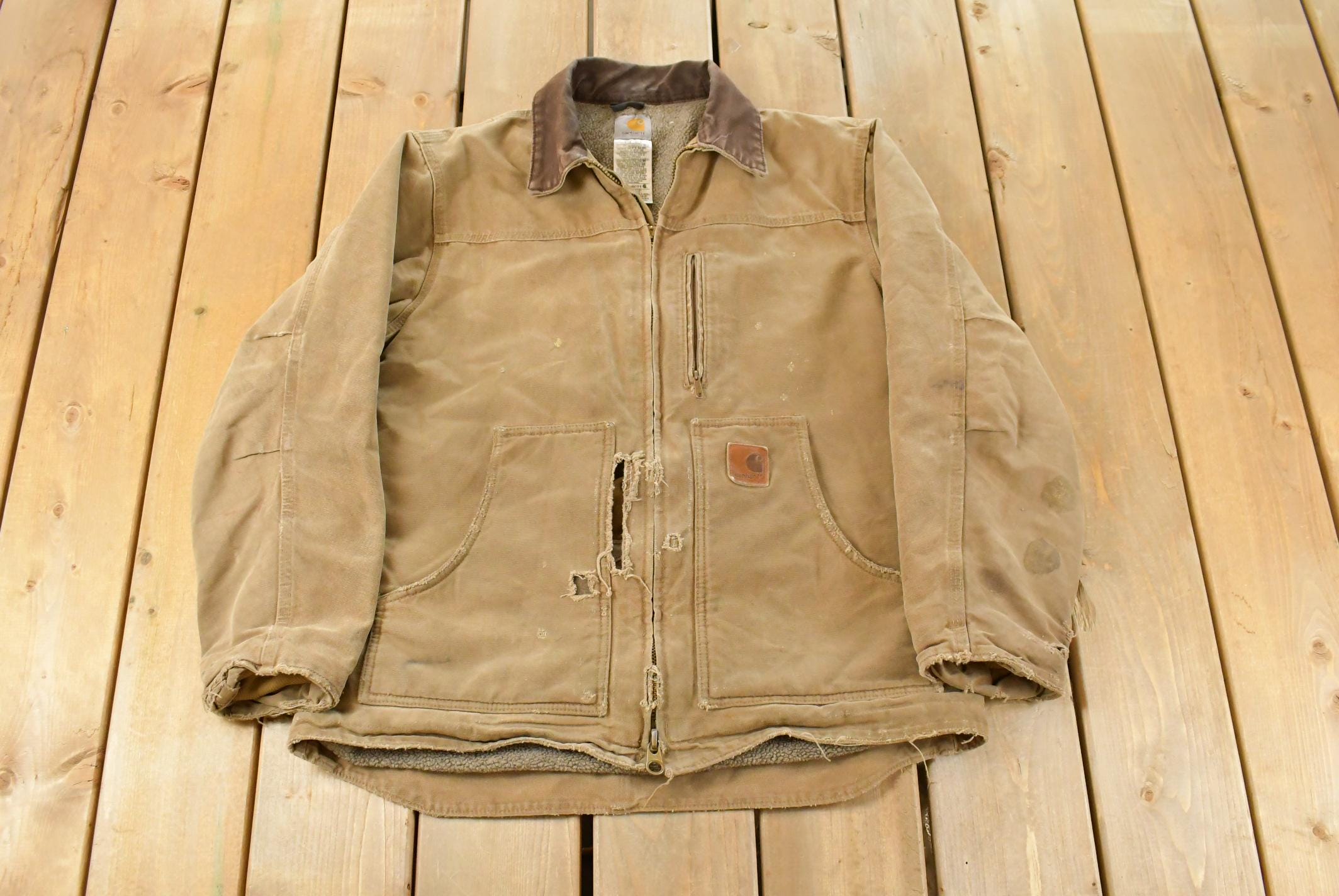 Vintage 1990s Carhartt Distressed Sherpa Lined Canvas Jacket Men's Medium