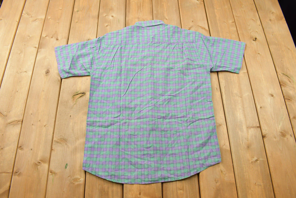 Vintage 1990s Trench Check Plaid Pattern Button Up Shirt  1990s Button Up  Vintage Button Up  Basic Button Up  Short Sleeve Button Up