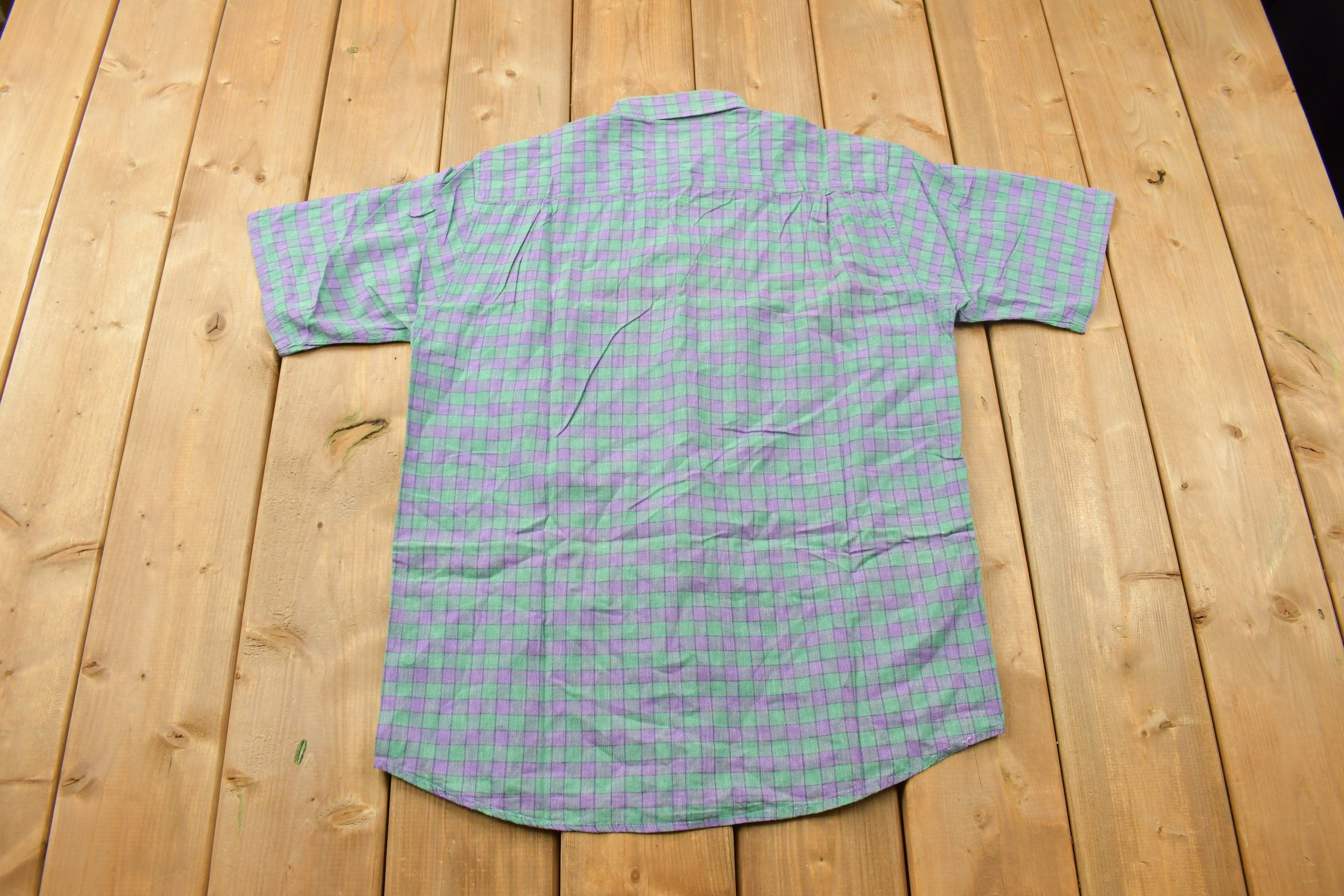 Vintage 1990s Trench Check Plaid Pattern Button Up Shirt  1990s Button Up  Vintage Button Up  Basic Button Up  Short Sleeve Button Up