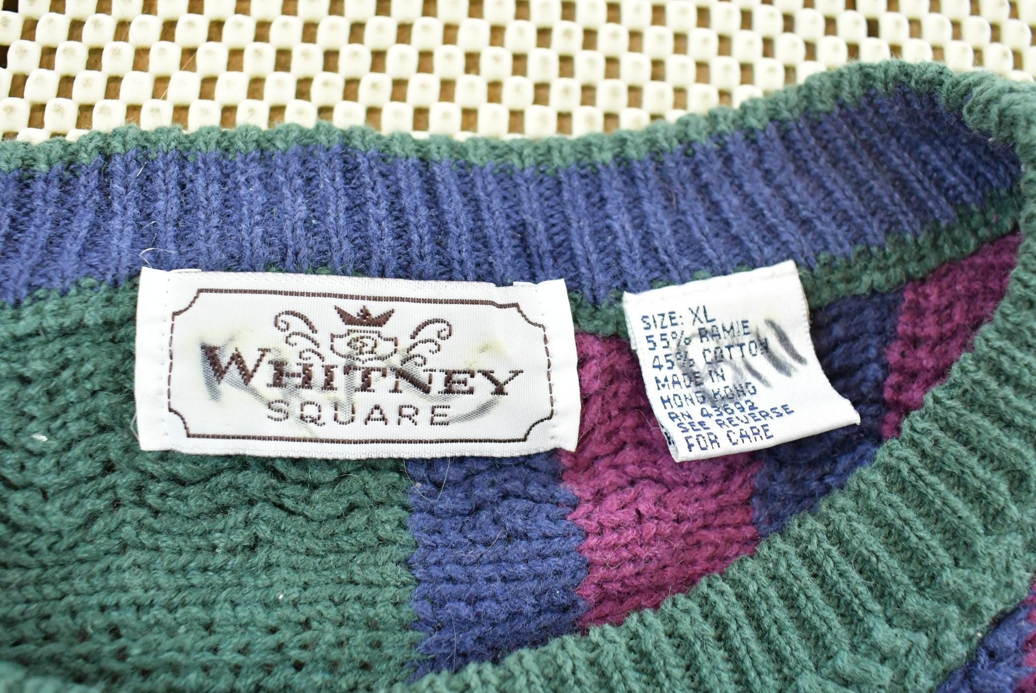 Vintage 1980s Whitney Square Striped Textured Knit Crewneck Sweater Mens L