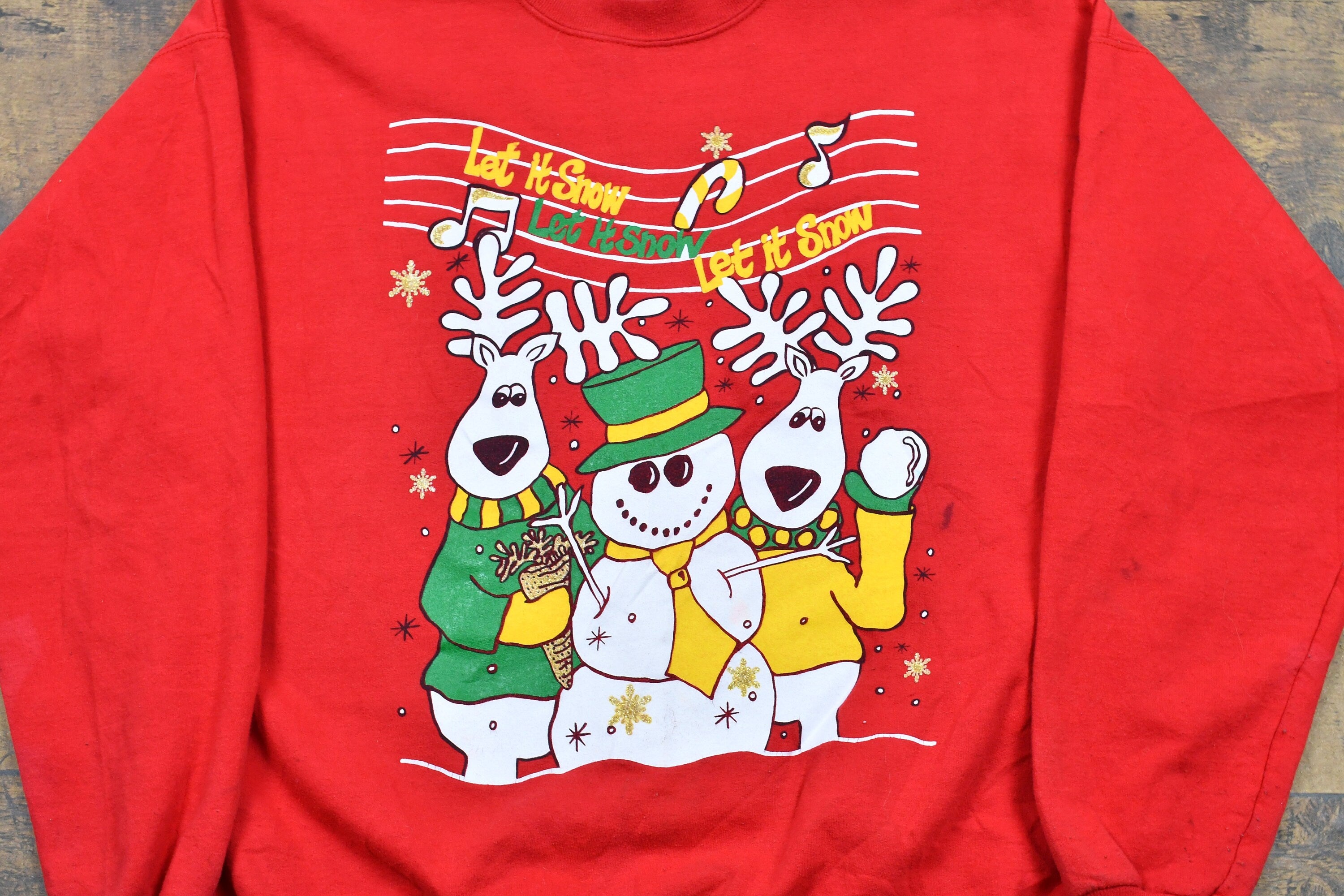 Vintage 1990s "Let It Snow" Cute Animal Christmas Sweatshirt , 90s Holiday Crewneck , Winter Wear , Festive Graphic , Snowman Reindeer Print