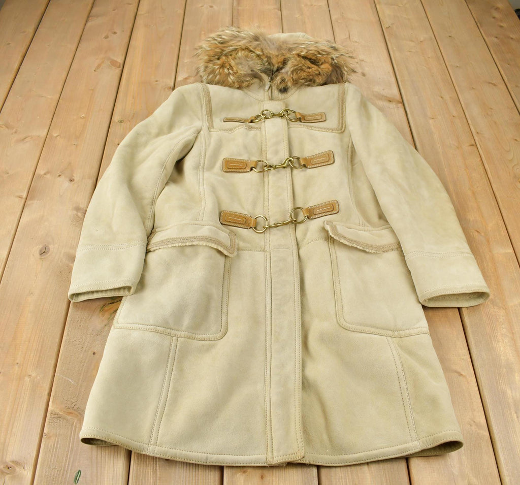 Vintage 1990s Coach Authentic Leather Full Length Shearling Jacket With Fur Hood Size 8