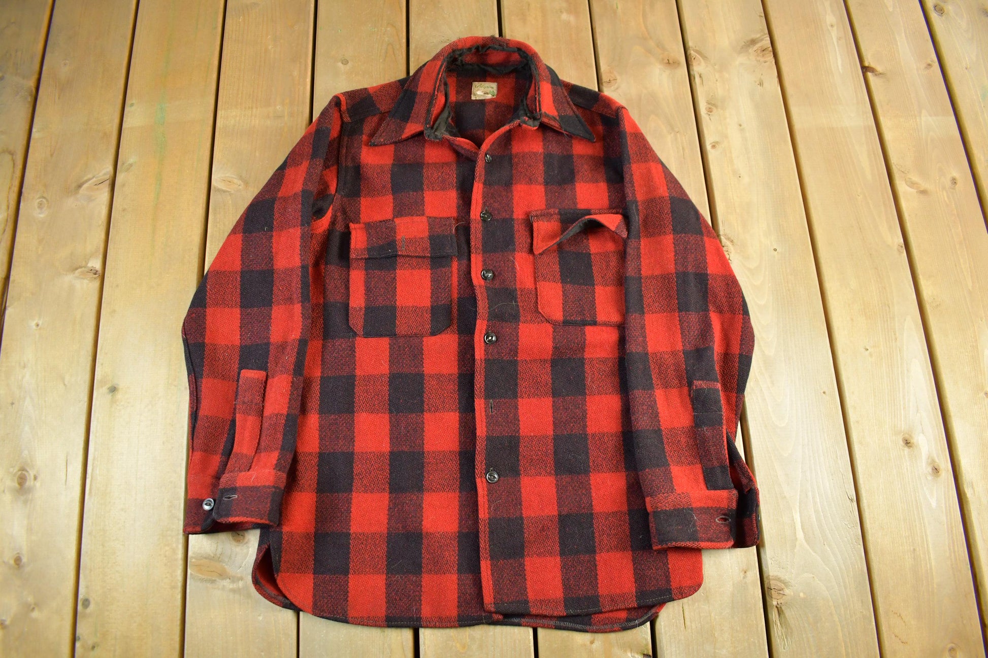 Vintage 1940s Pilgrim Wool Buffalo Plaid Button Up Shirt Men's Large