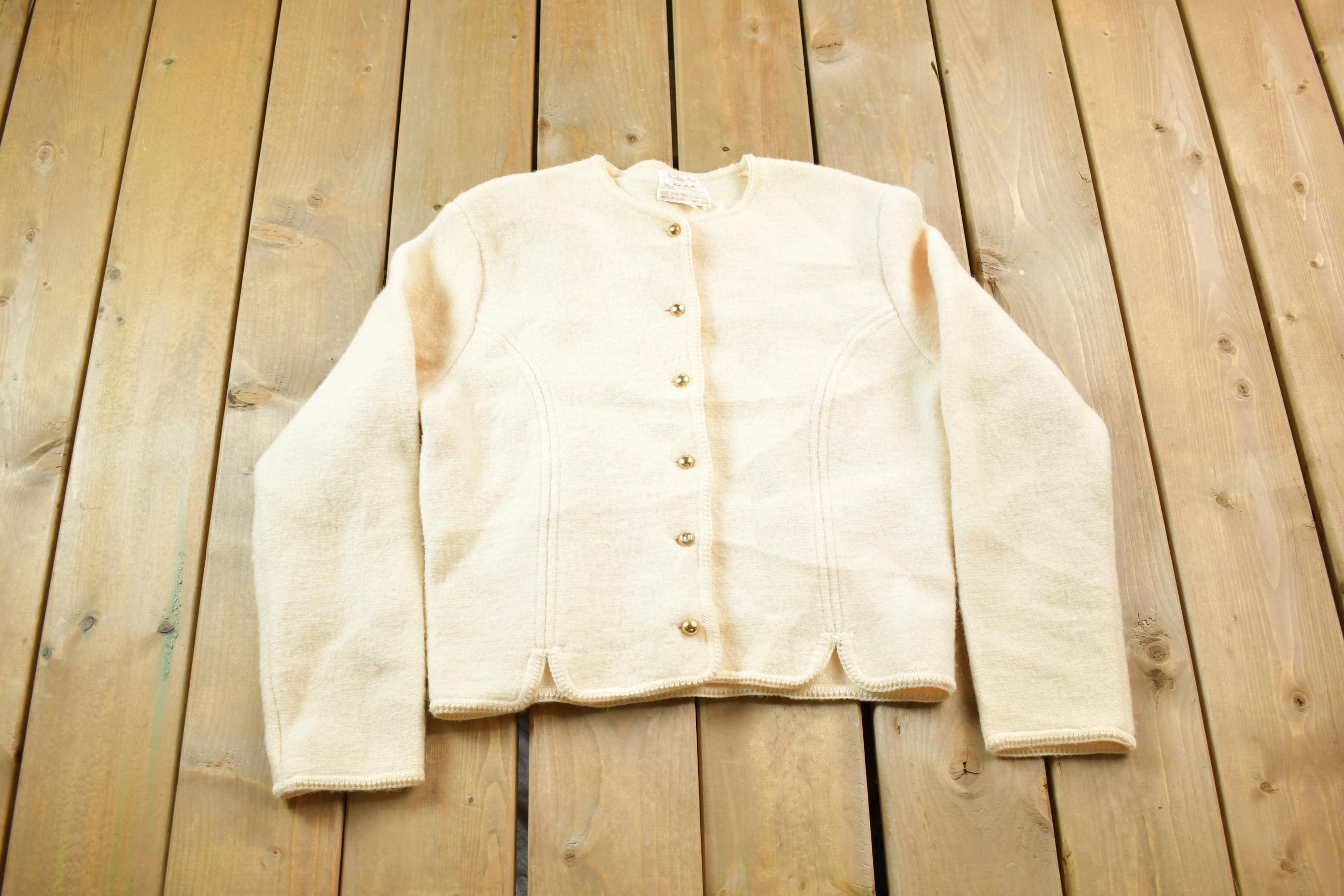 Vintage 1960s Off White 100% Wool Knit Cardigan /