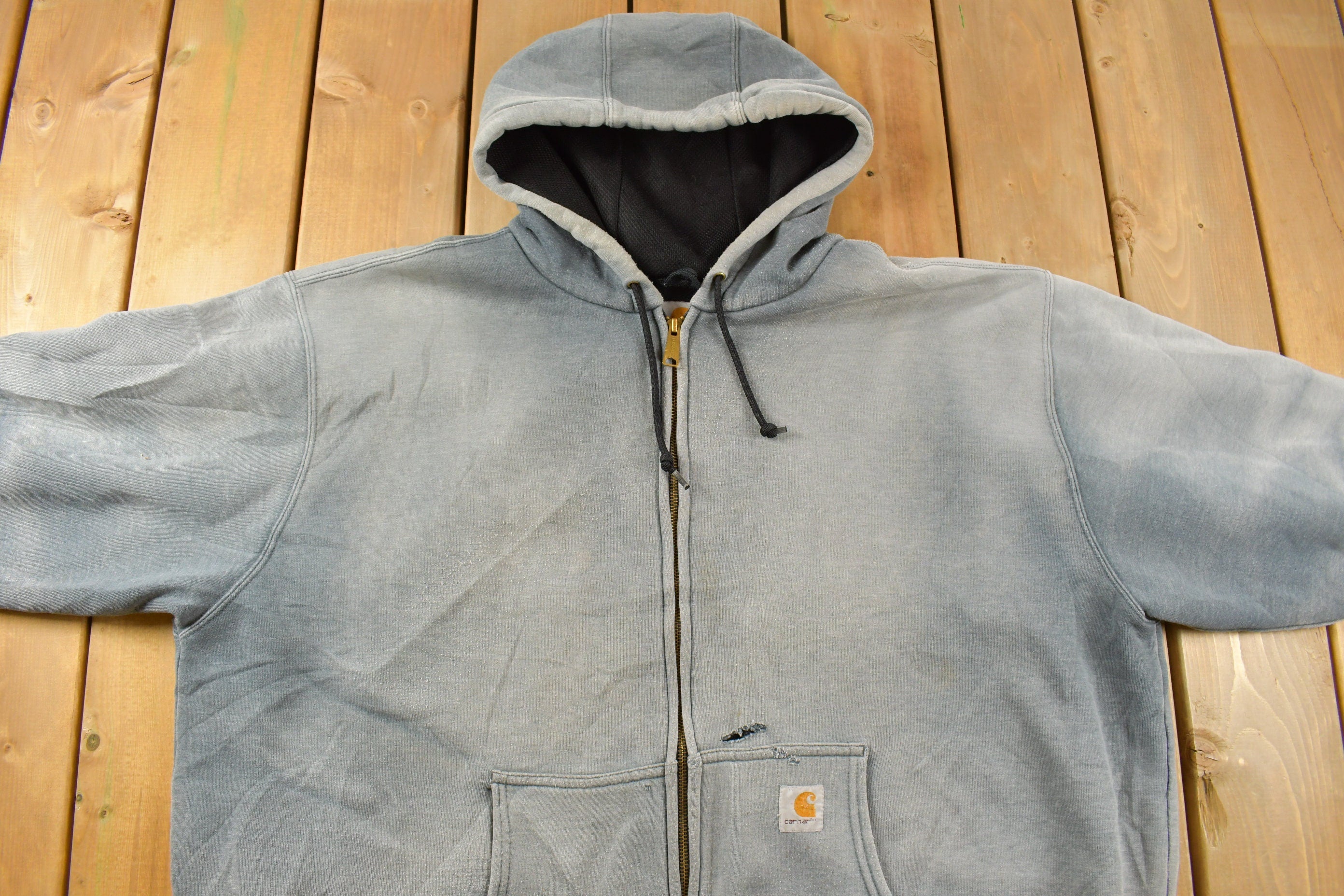 Vintage 1990s Distressed Carhartt Heavy Weight Sun Faded Blue Zip Up Hoodie