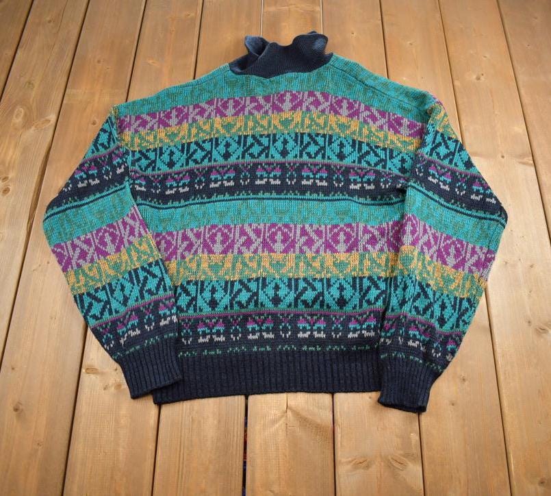 Vintage 1990s Campus Colourful Abstract Pattern Knit Zip Up Sweater