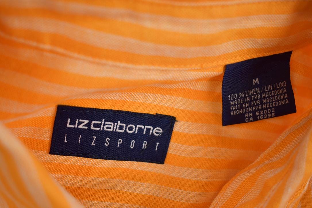 Vintage 1990s Liz Claiborne Lizsport Linen Striped Formal Button Up Shirt