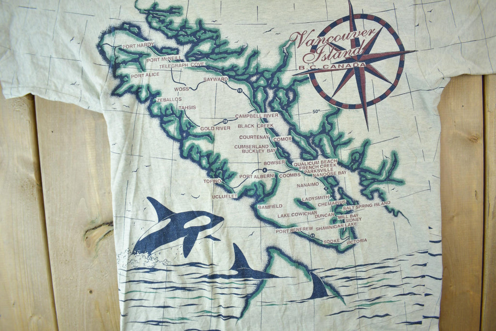 Vintage 1991 Vancouver Island All Over Print Map Graphic T Shirt