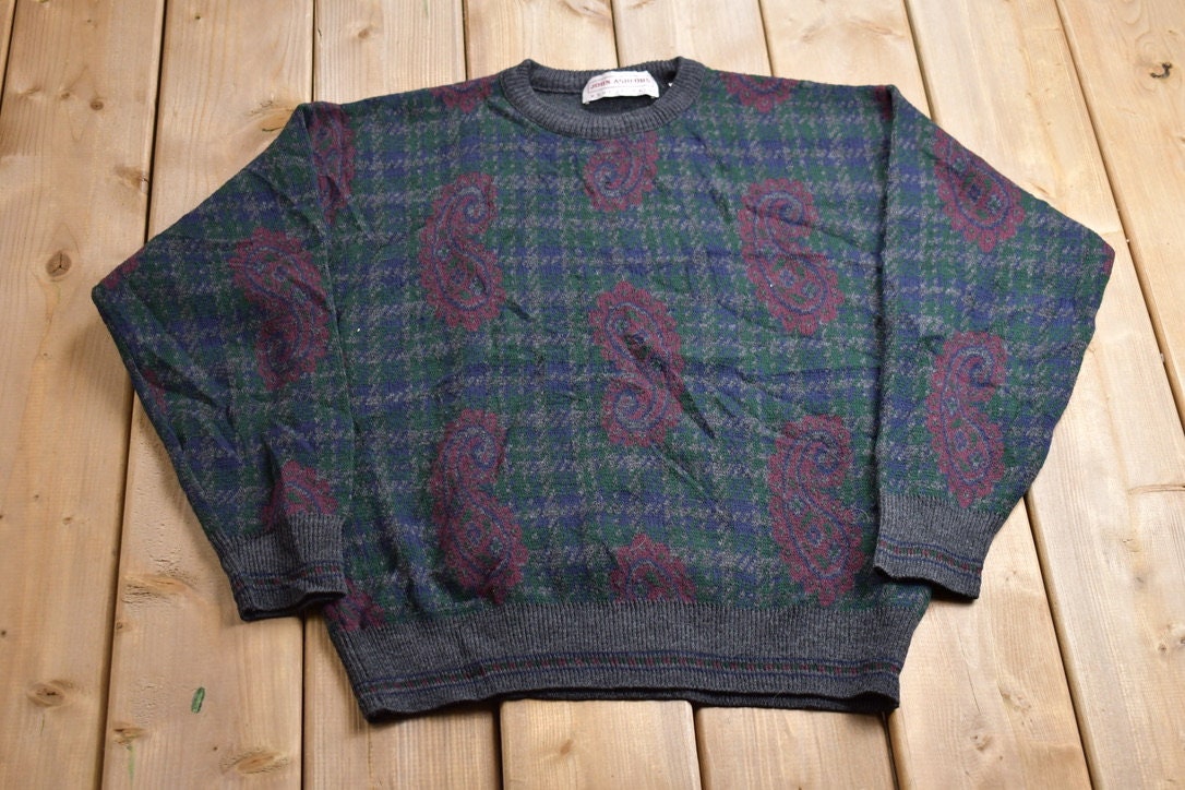 Vintage 1990s John Ashford Wool Knitted Paisley Crewneck Sweater