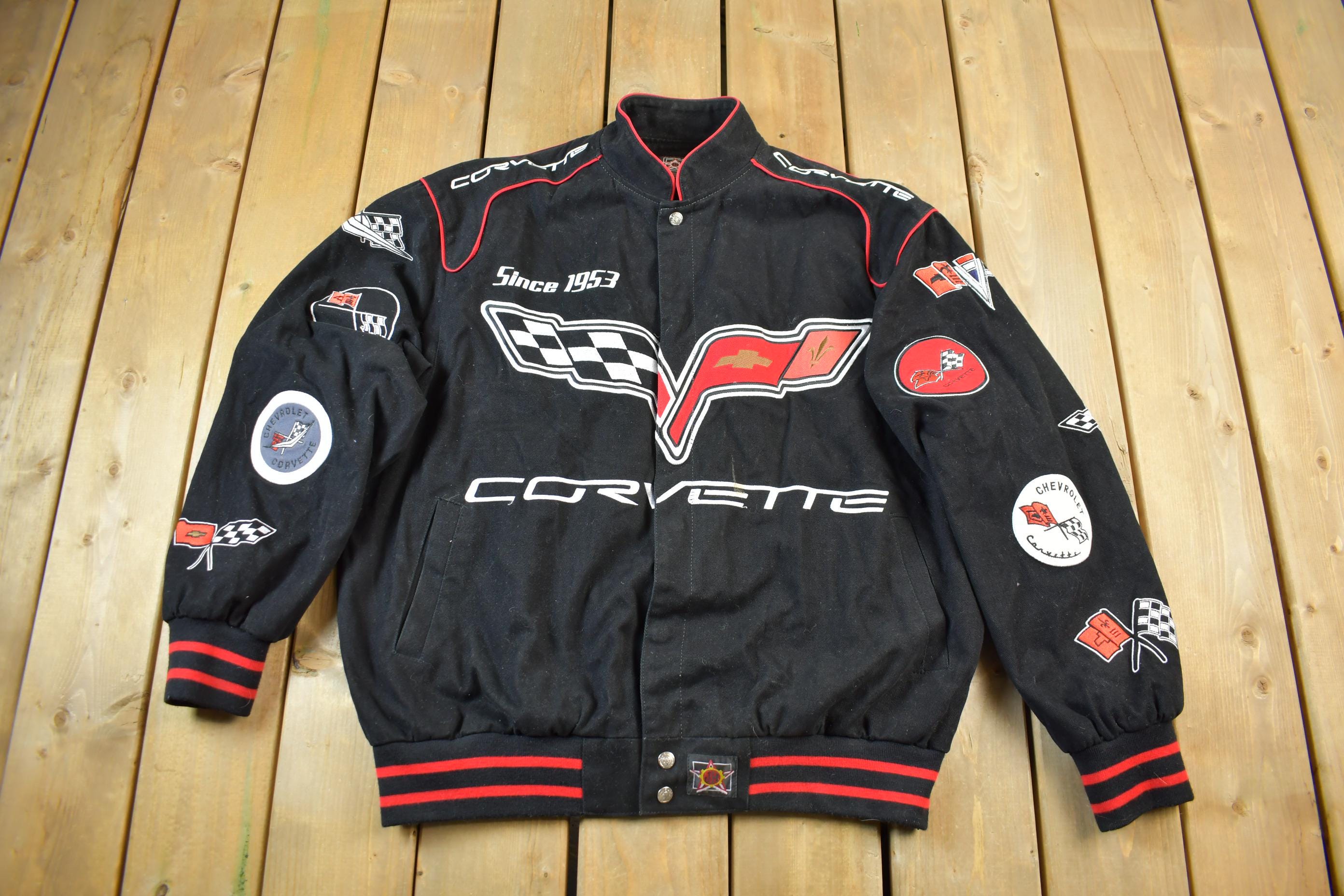 Vintage 1990s Jeff Hamilton Corvette Chevrolet Racing Jacket  Patchwork  Streetwear  Vintage Racing Jacket  Size XL