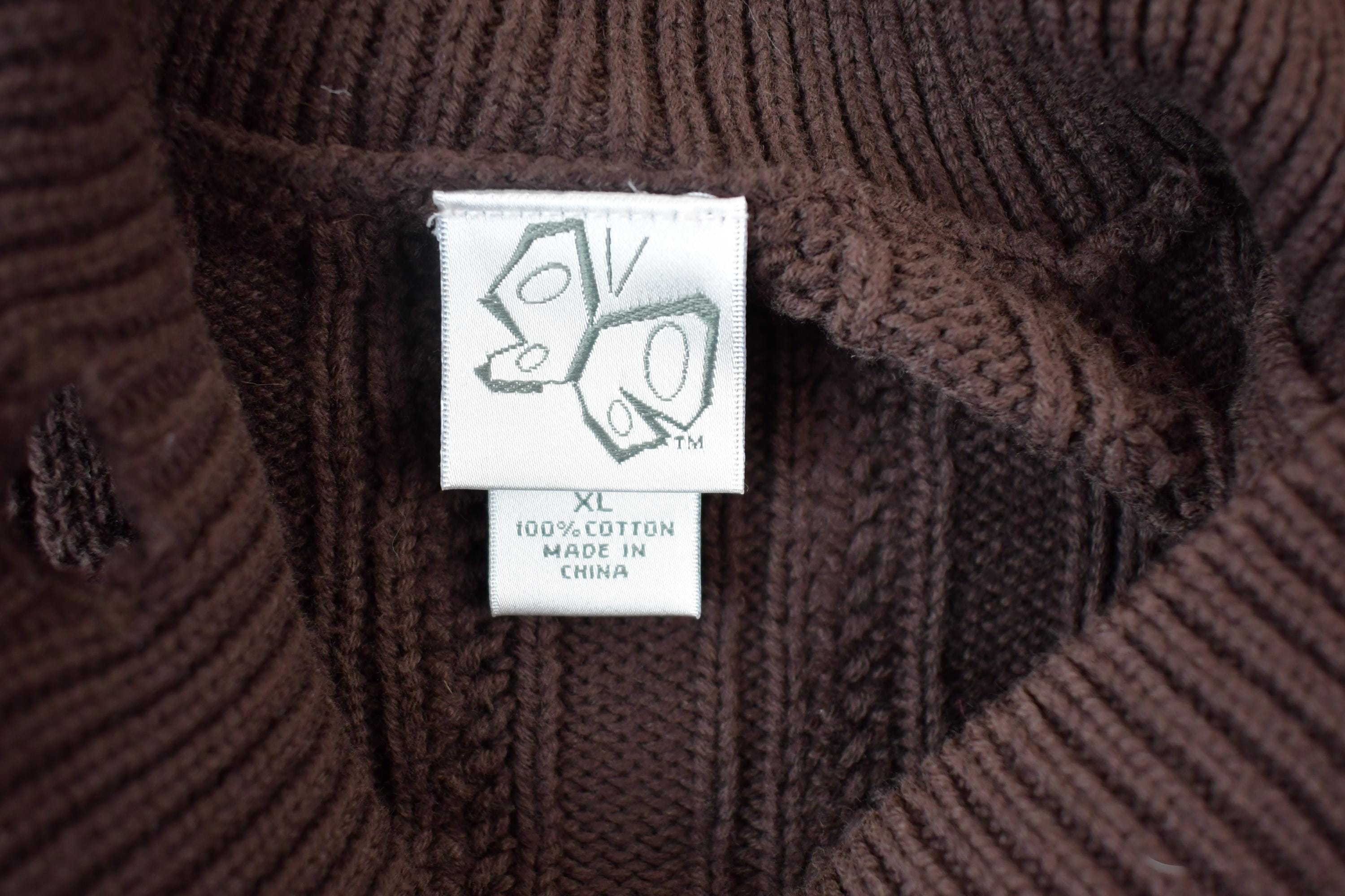 Vintage 1990s Brown Button Up Knit Cable Knit Turtleneck Sweater