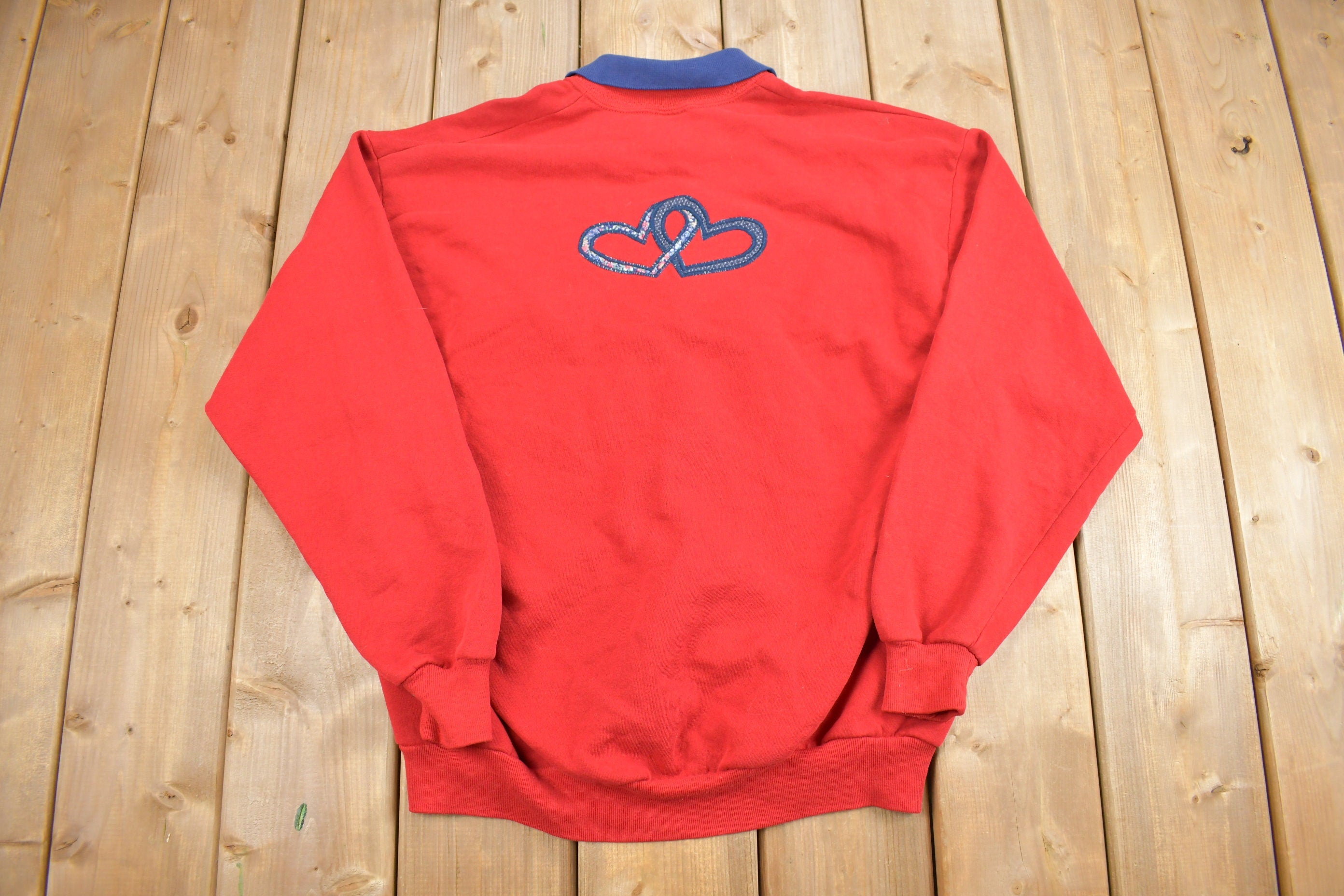 Vintage 1990s Heart Embroidered Cute Collared Crewneck Sweater