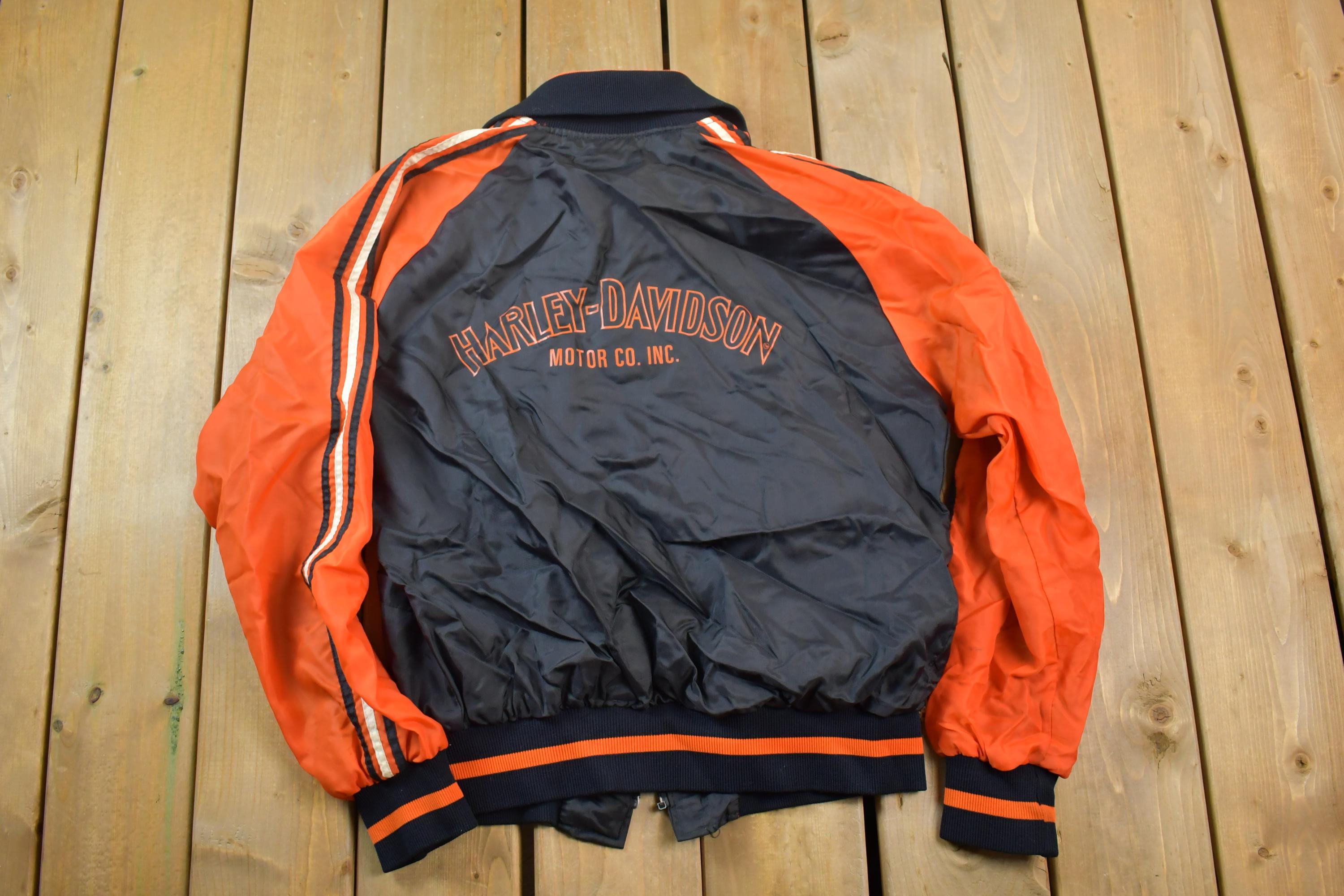 Vintage 1990s Harley Davidson Embroidered Motorcycle Satin Nylon Bomber Jacket
