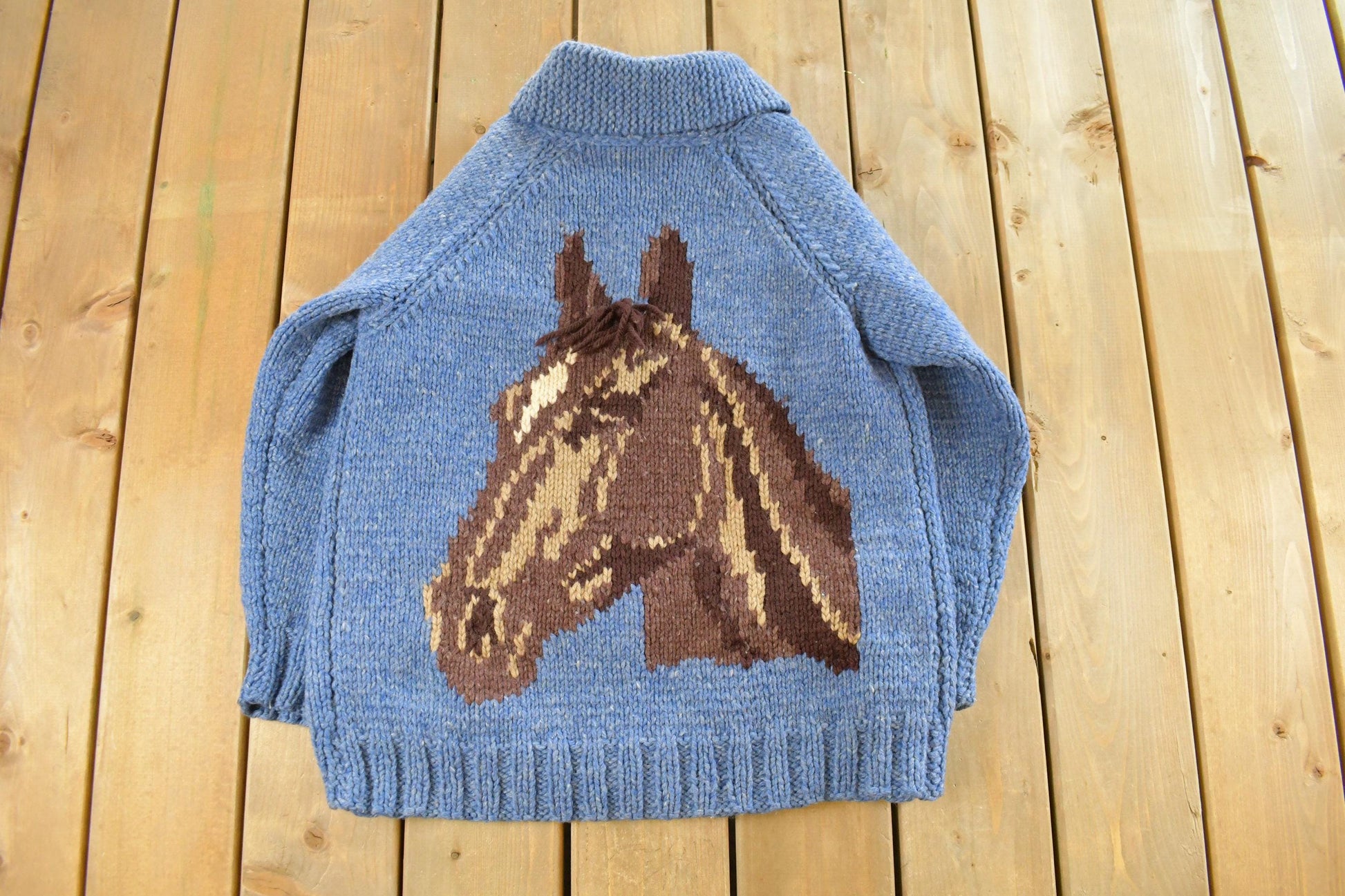 Vintage 1970s Horse Full Zip Hand Knit Cowichan Sweater Men's Medium