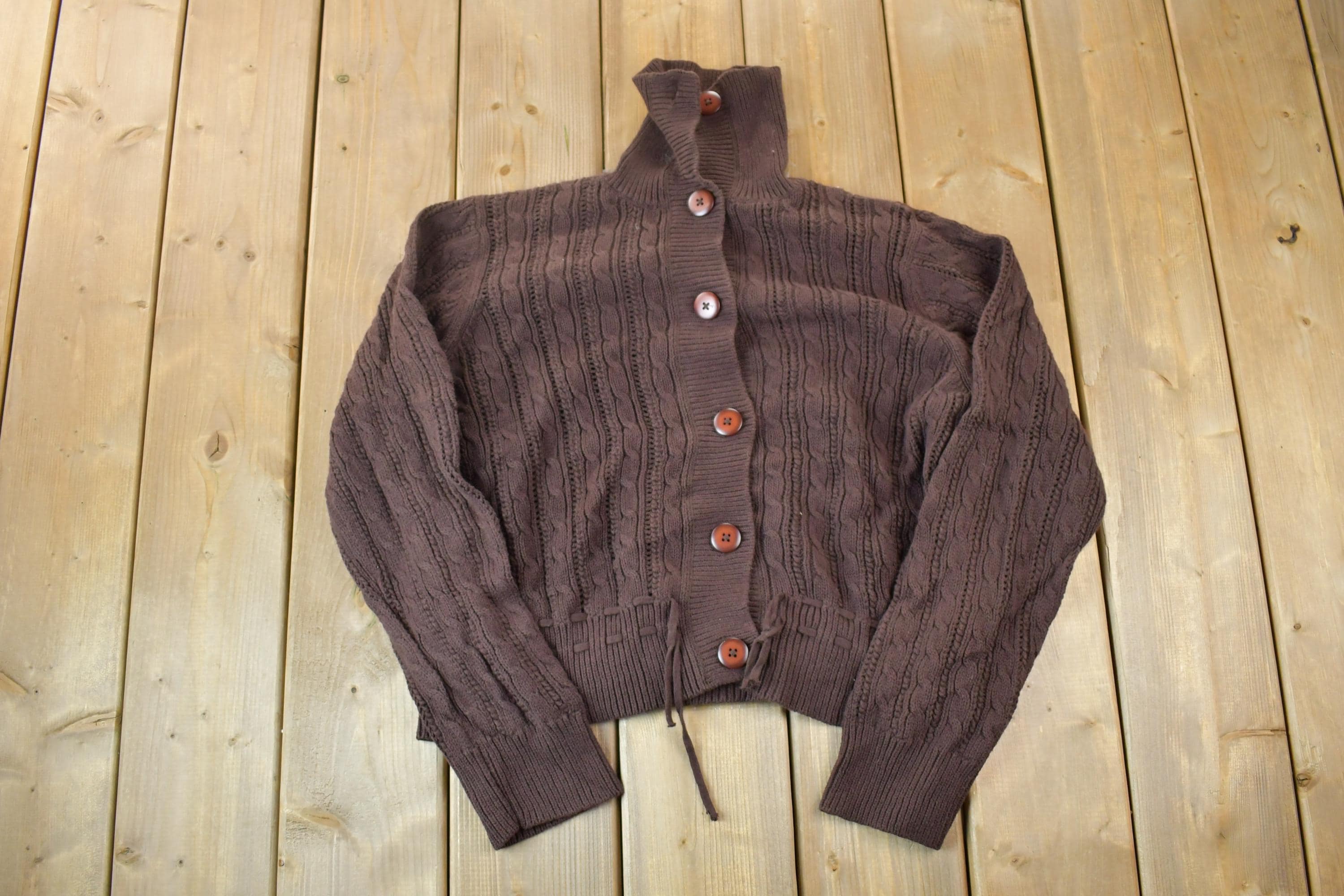 Vintage 1990s Brown Button Up Knit Cable Knit Turtleneck Sweater
