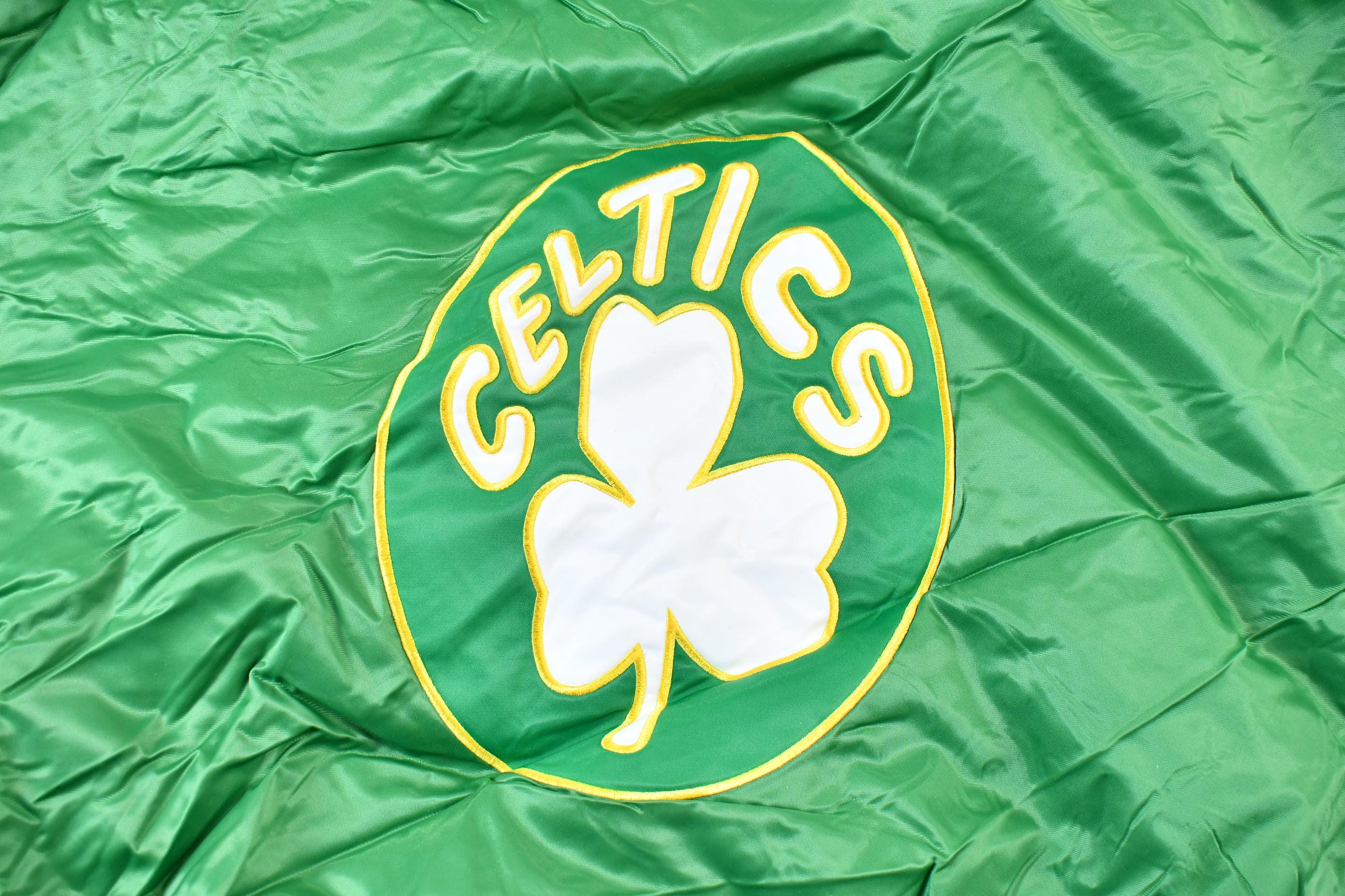 Vintage 1990s Hardwood Classics Boston Celtics NBA Basketball Embroidered Snap Button Satin Bomber Jacket