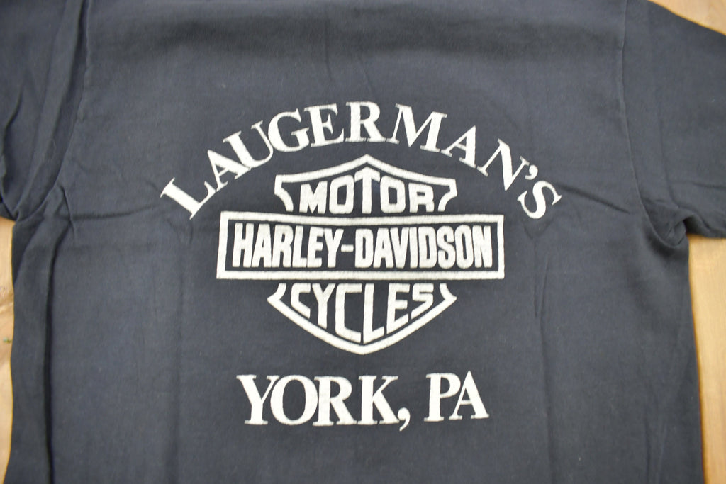 Vintage 1980s Laugerman's Harley Davidson York PA Bald Eagle Graphic T-Shirt