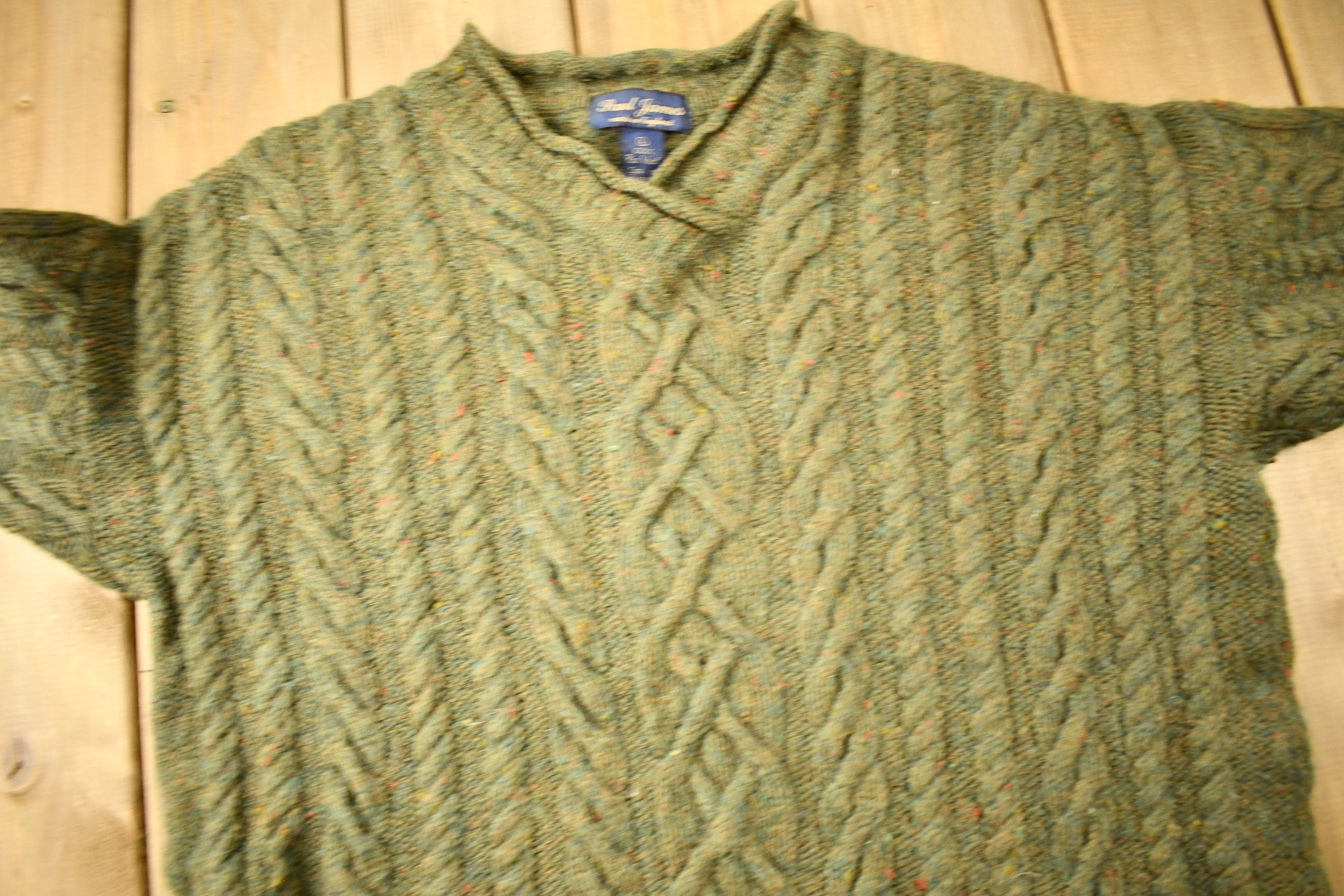 Vintage 1990s Paul James 100% Wool 3D Cable Knit V-Neck Sweater