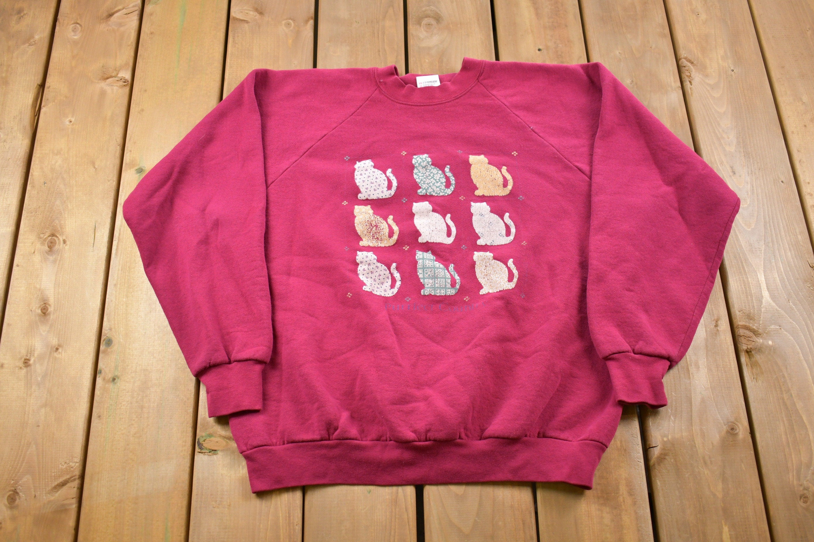 Vintage 1990s Cute Cat raglan Crewneck Sweater