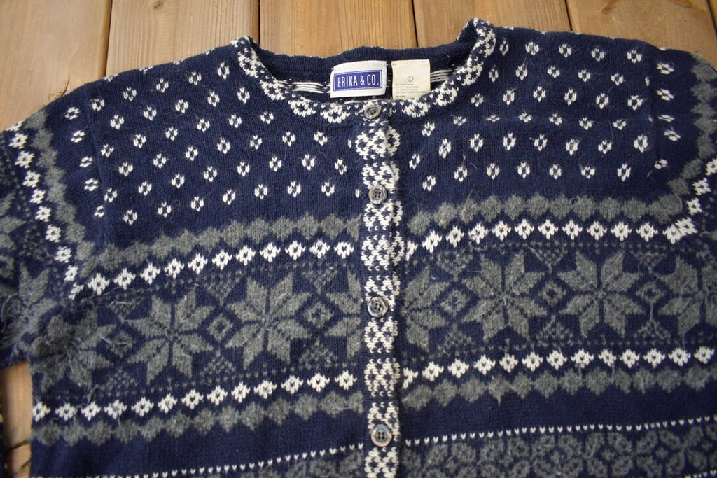 Vintage 1990s Erika & Co Knitted Cardigan Sweater  Vintage Cardigan  Button Up  Striped  Embroidered  Snowflake Theme  Winter Knit