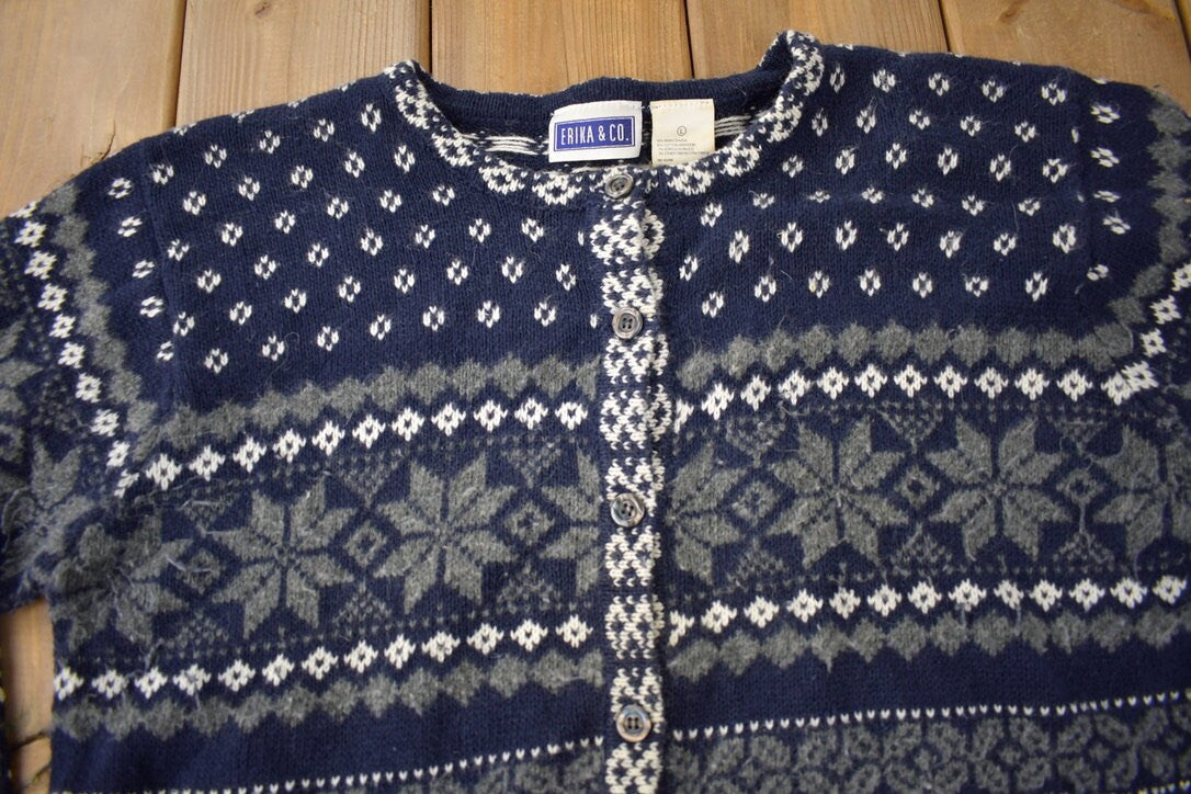 Vintage 1990s Erika & Co Knitted Cardigan Sweater  Vintage Cardigan  Button Up  Striped  Embroidered  Snowflake Theme  Winter Knit
