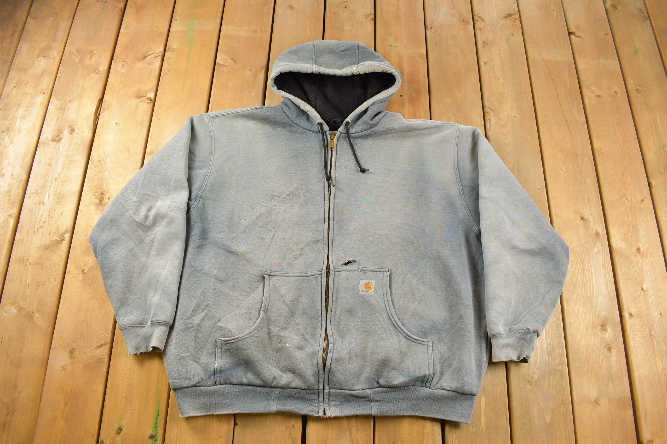 Vintage 1990s Distressed Carhartt Heavy Weight Sun Faded Blue Zip Up Hoodie