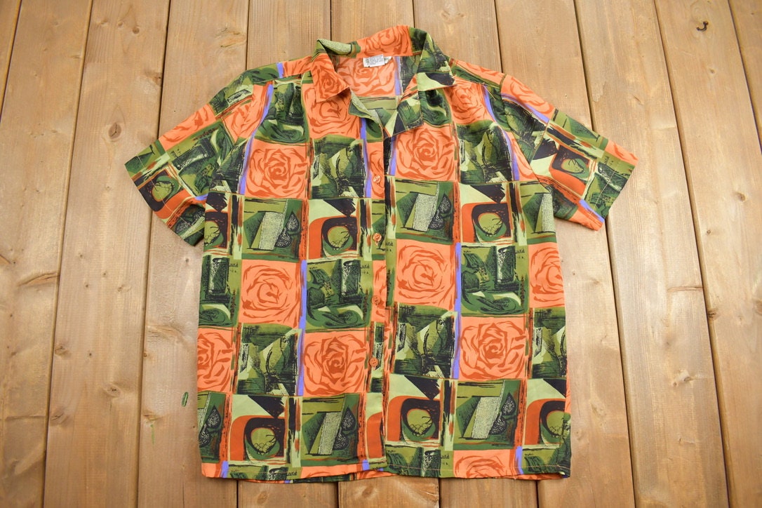 Vintage 1990s Abstract Floral Button Up Short Sleeve Shirt